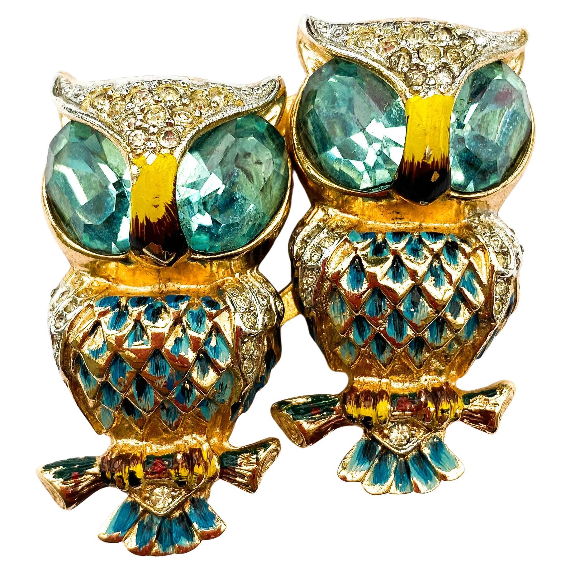 An enamelled, gilt and coloured paste 'double owl' duette, Corocraft, USA, 1940s