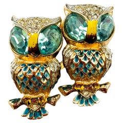Vintage An enamelled, gilt and coloured paste 'double owl' duette, Corocraft, USA, 1940s