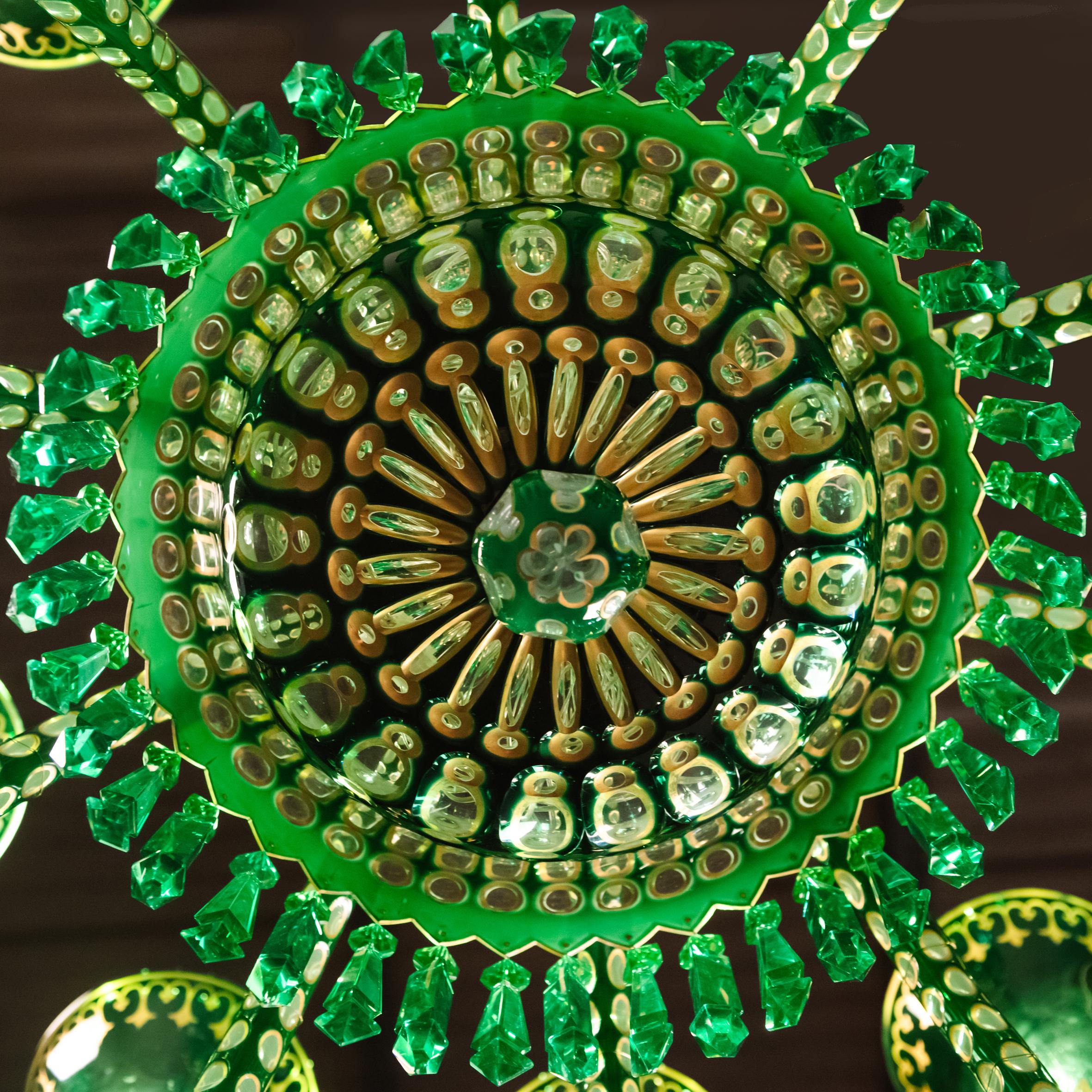 British Enameled Overlay Ten-Light Emerald Green Chandelier by F. & C