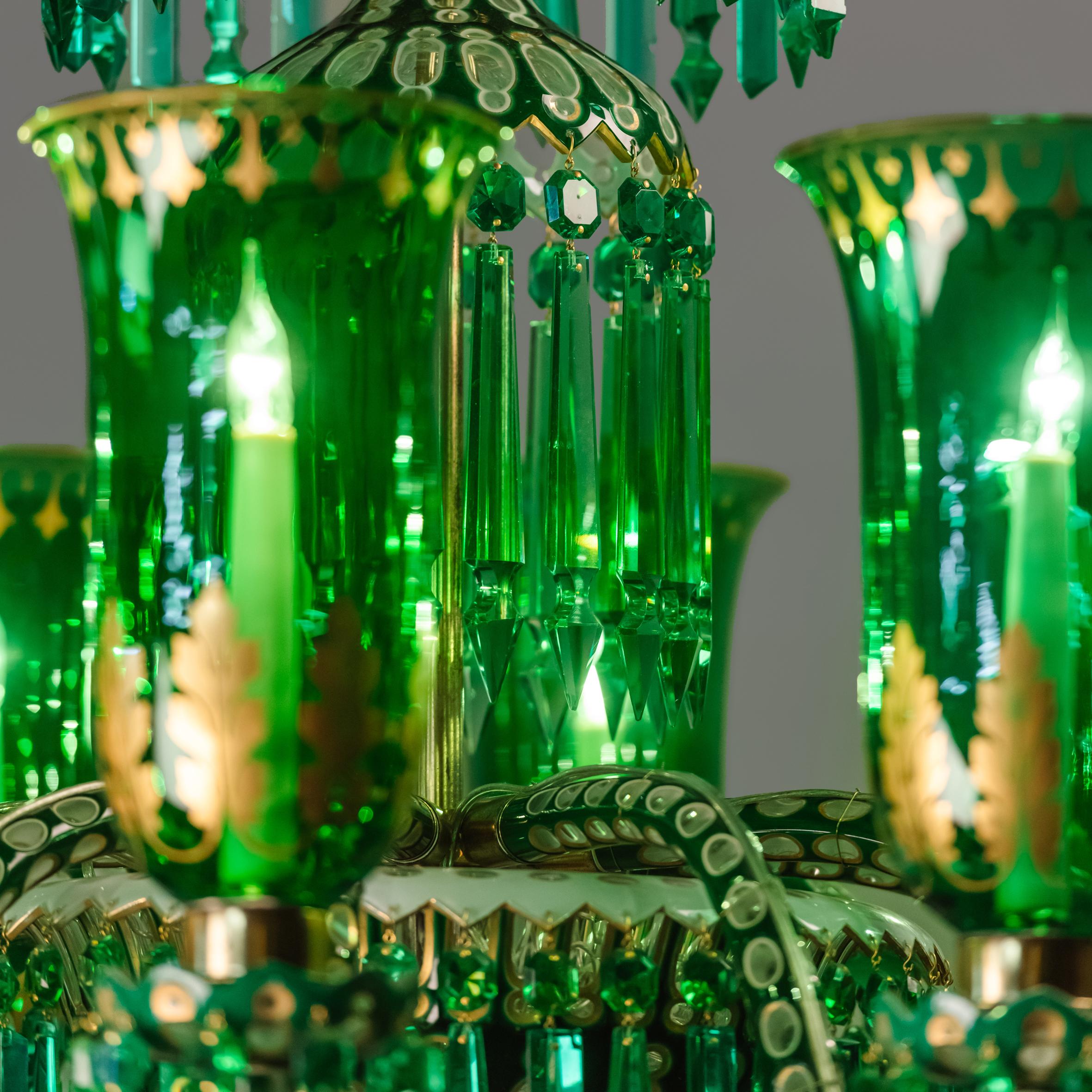 19th Century Enameled Overlay Ten-Light Emerald Green Chandelier by F. & C