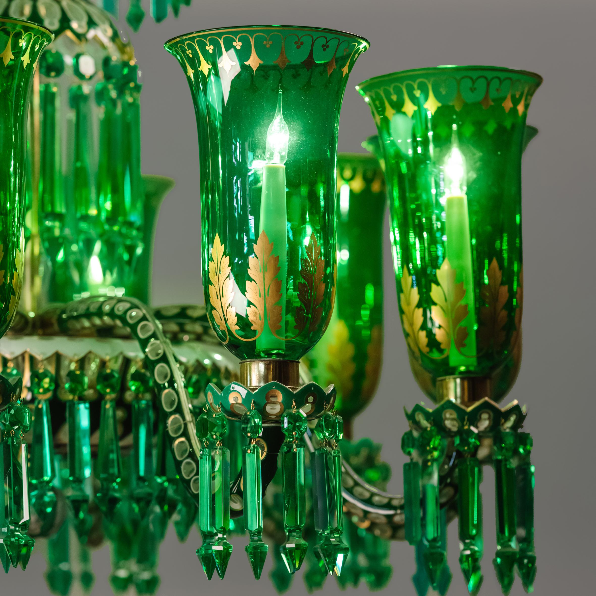 Glass Enameled Overlay Ten-Light Emerald Green Chandelier by F. & C