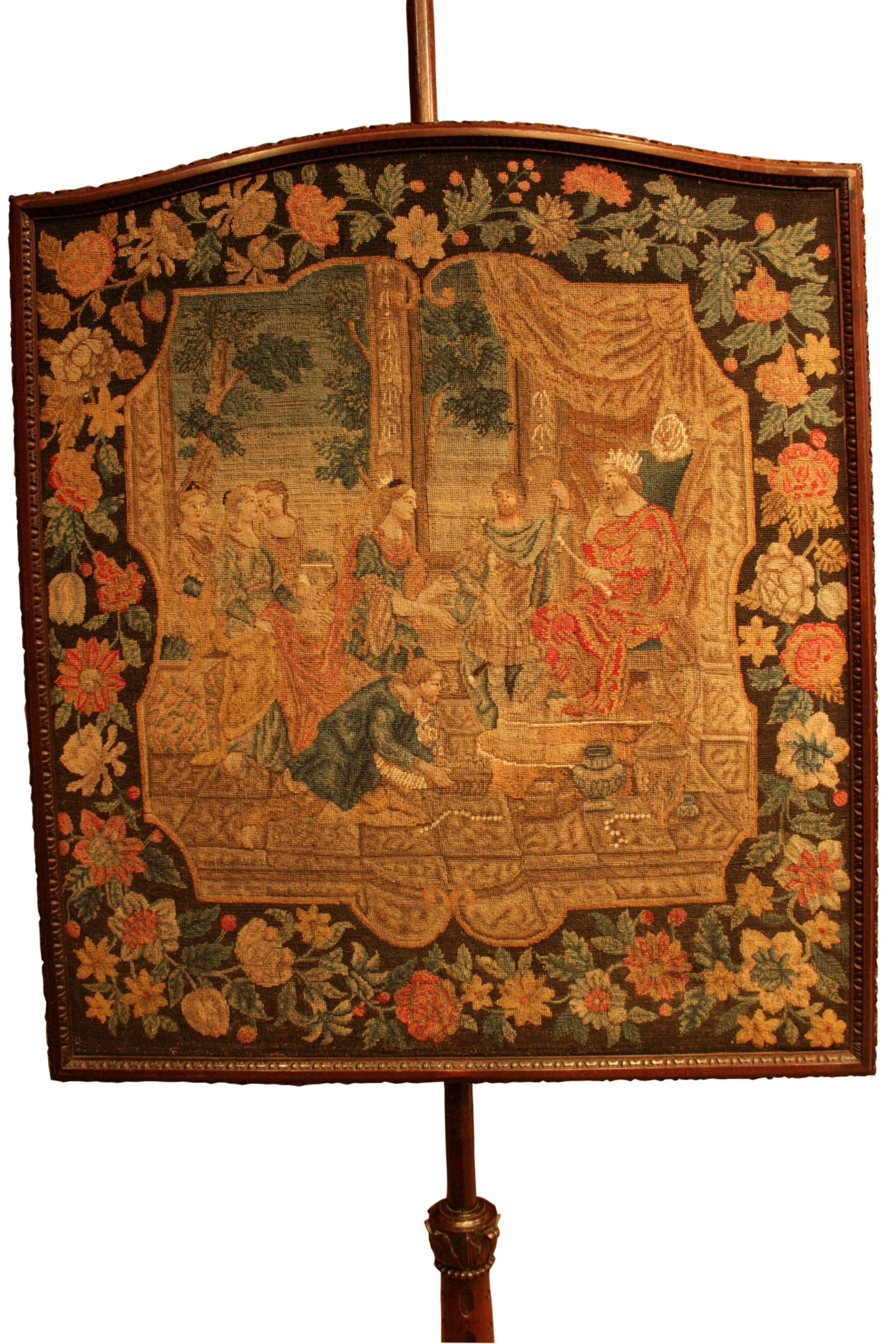 British English 18th Century Chippendale Carved Pole Screen with Original Needlework For Sale