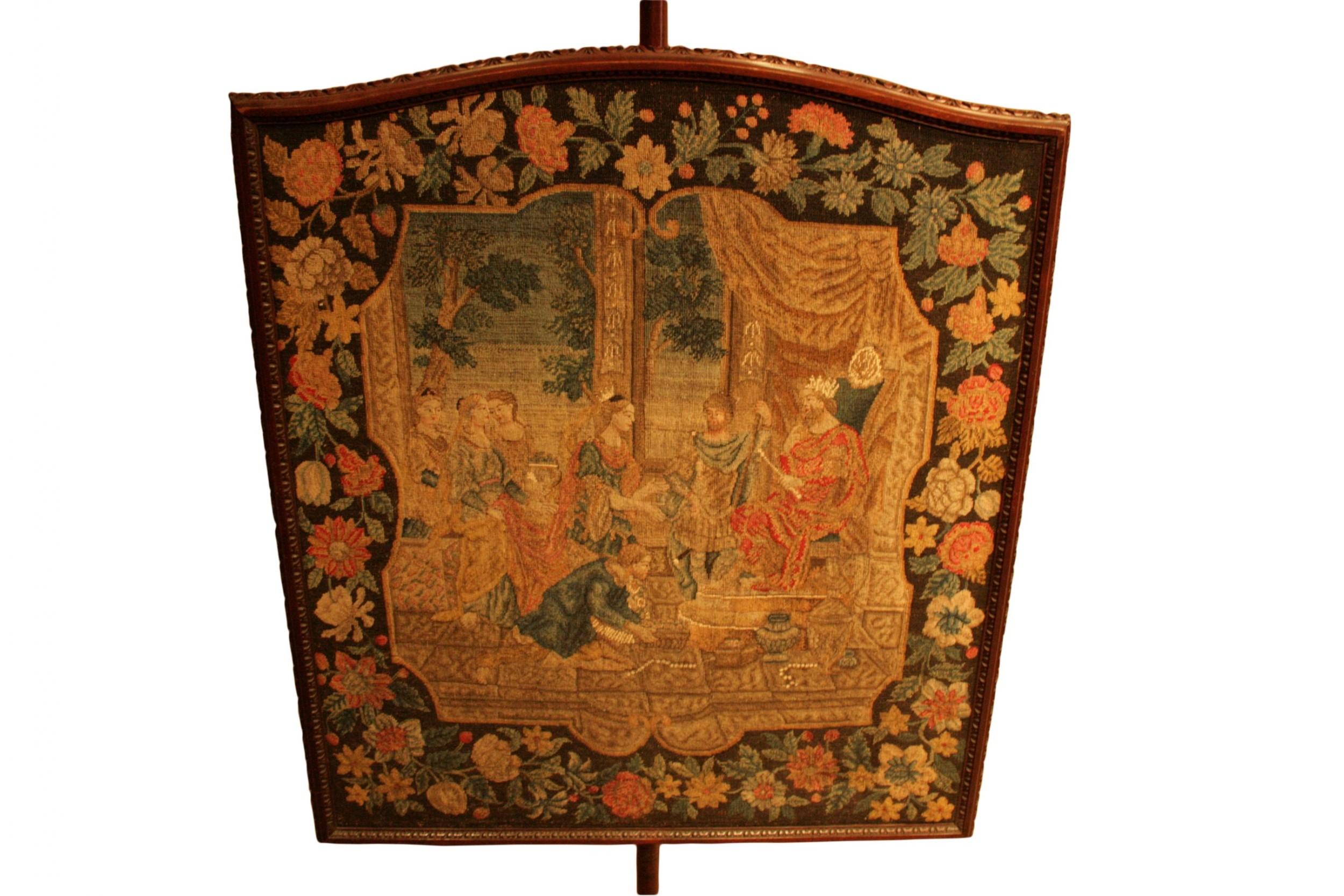 Mahogany English 18th Century Chippendale Carved Pole Screen with Original Needlework For Sale