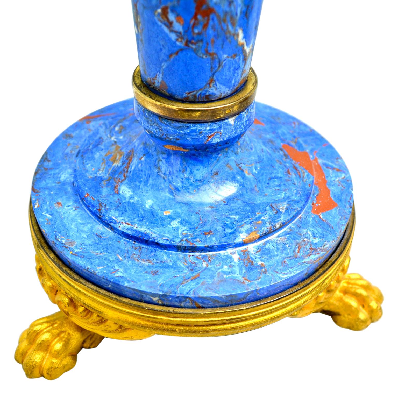 Regency English 19th Century Gilt Bronze and Lapis Lazuli Scagliola Candlesticks For Sale