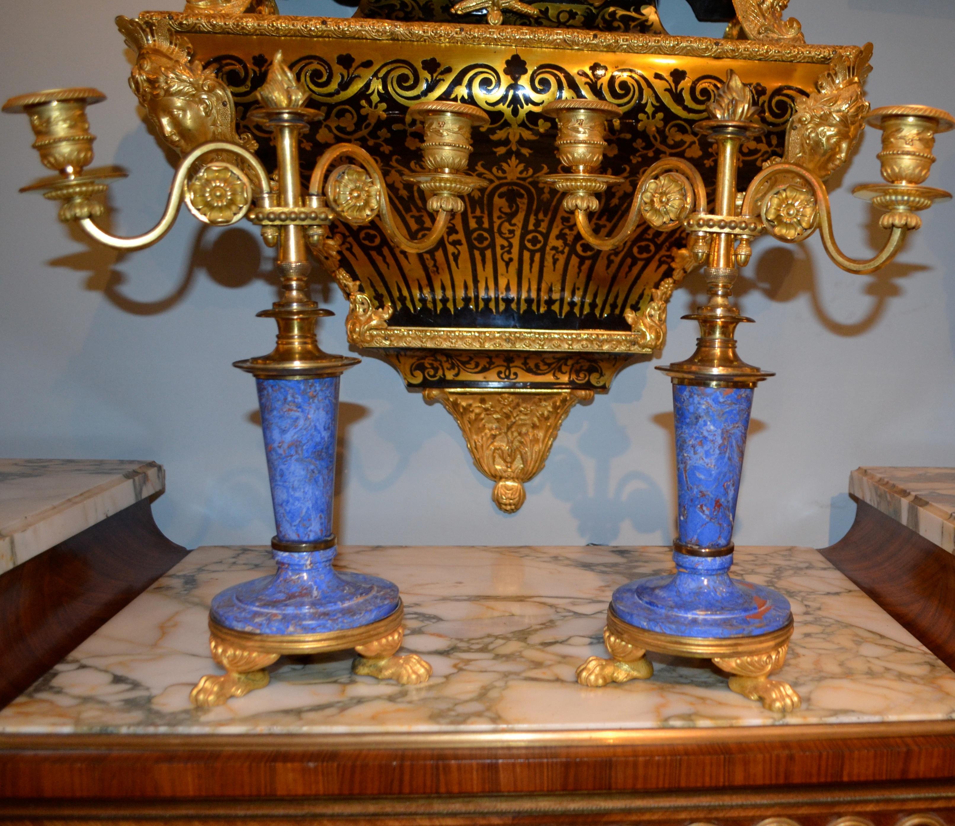 English 19th Century Gilt Bronze and Lapis Lazuli Scagliola Candlesticks For Sale 1