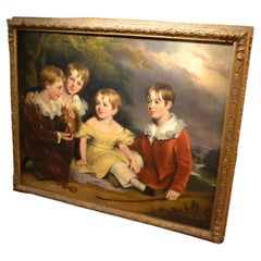Peinture à l'huile anglaise du 19ème siècle représentant quatre enfants d'après Joshua Reynolds.
