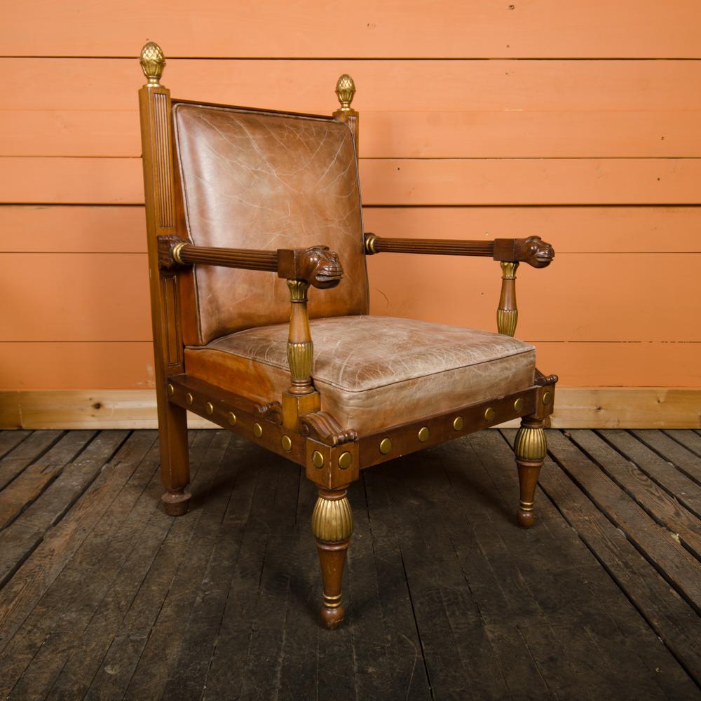 Early 20th Century English Wood and Leather Library Armchair Manner of Bullock, circa 1920s. For Sale