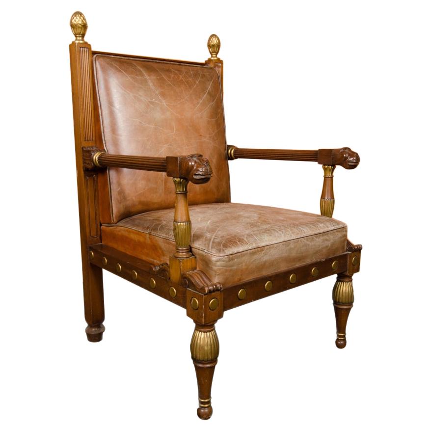 English Wood and Leather Library Armchair Manner of Bullock, circa 1920s. For Sale