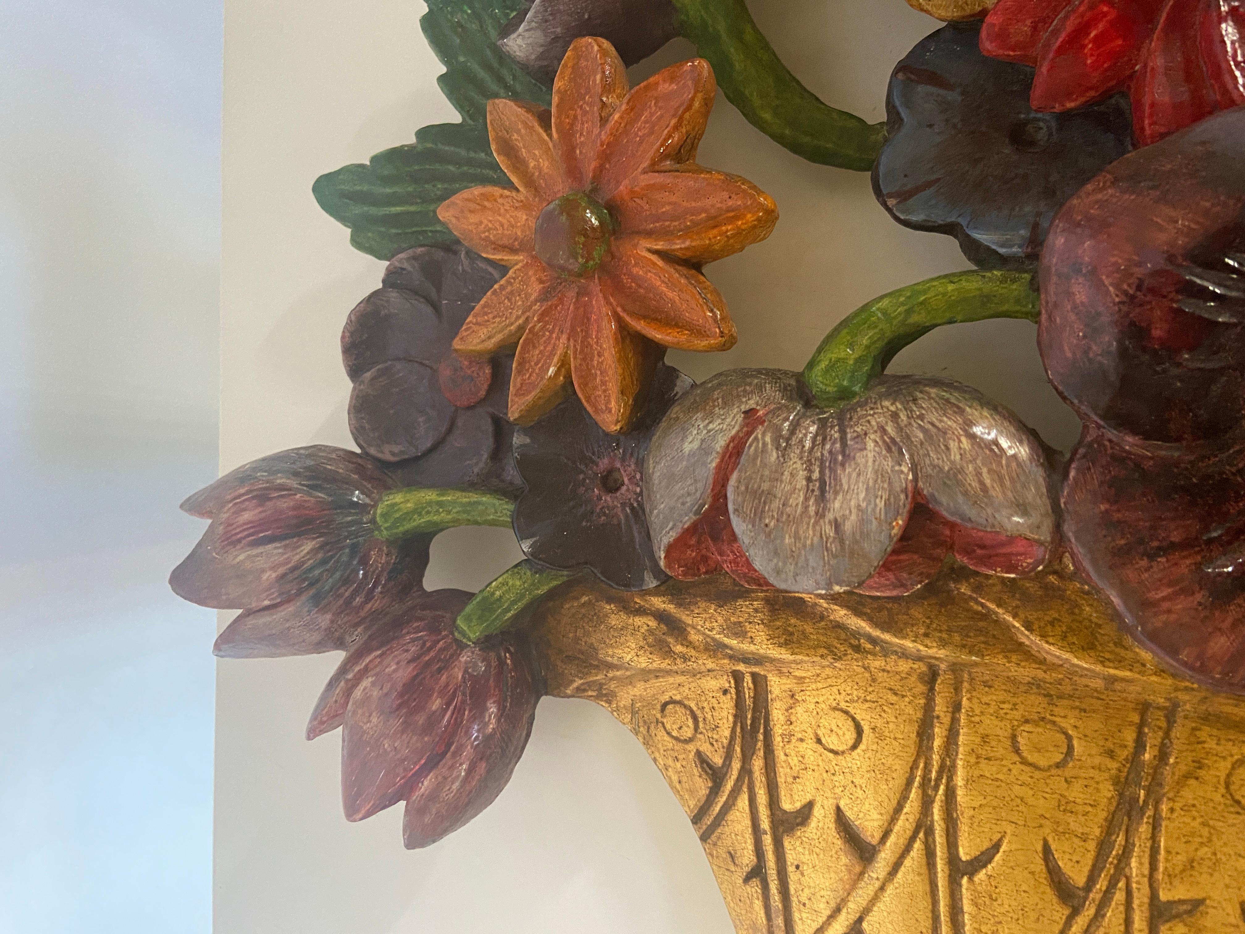 Carved An English 1930s carved floral basket wall appliqué or wall hanging For Sale