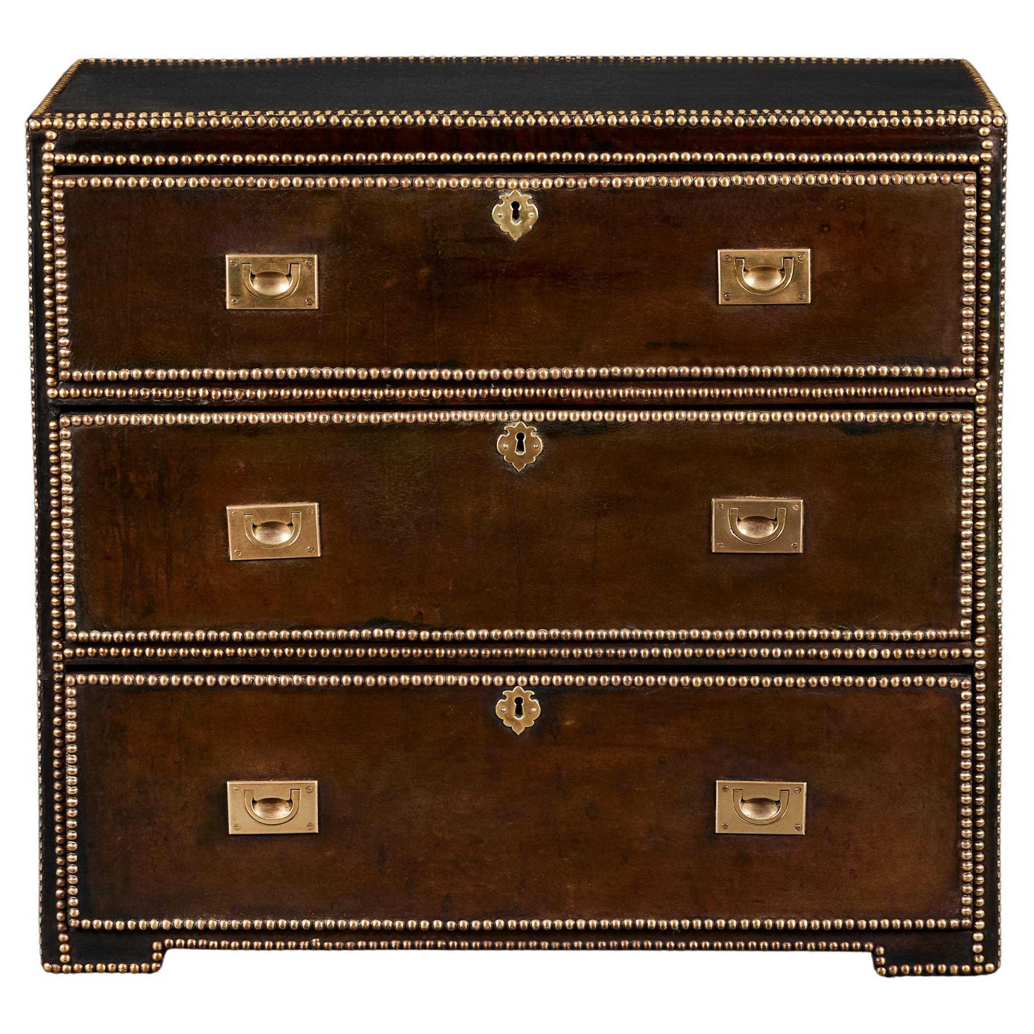 An English 19th Century Leather Bound Campaign Chest of Drawers