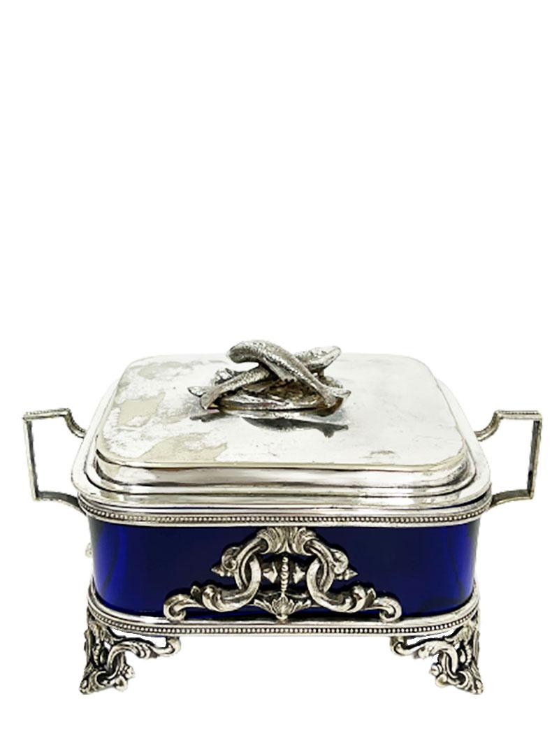 English 19th Century silver plate box with fish on top and blue glass, 1866

The box is raised on 4 legs and has a hinged lid. 
2 Fish crossed as knob
Dated and marked with the English Registry Mark with date 18th April 1866.
The dimensions of the