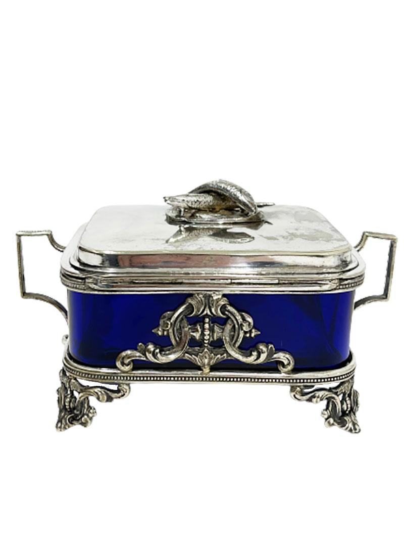 Silver Plate English 19th Century silver plate box with fish on top and blue glass, 1866 For Sale
