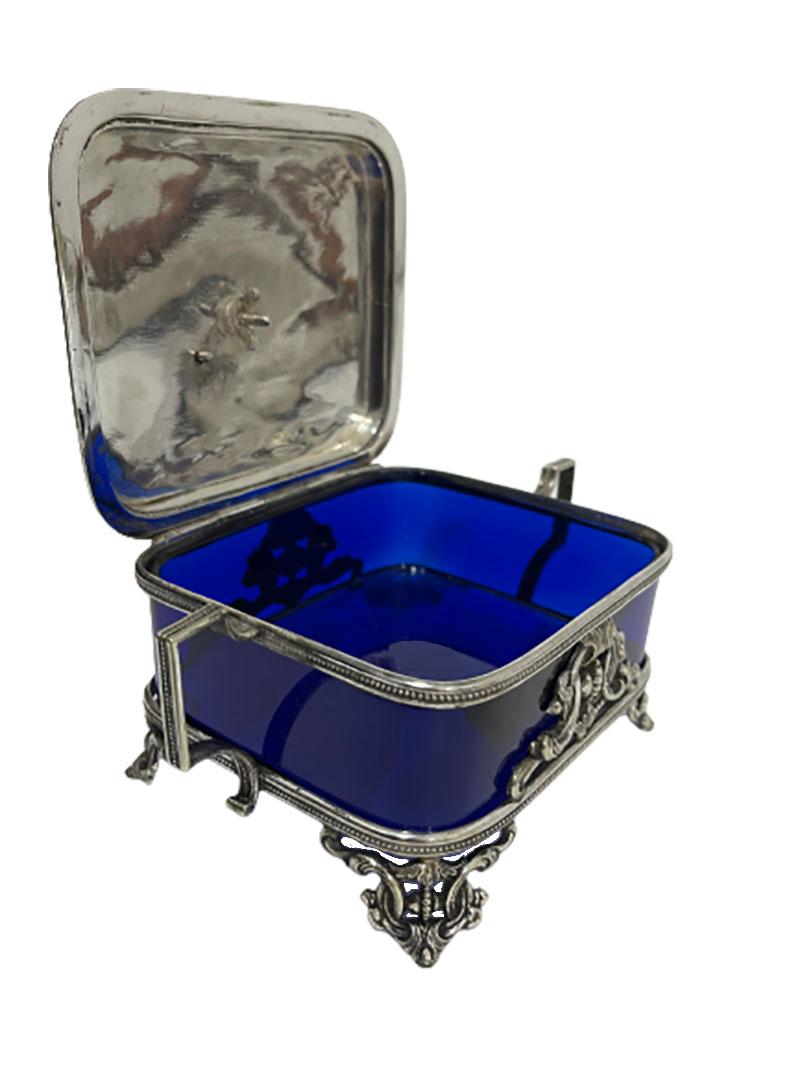 English 19th Century silver plate box with fish on top and blue glass, 1866 For Sale 2