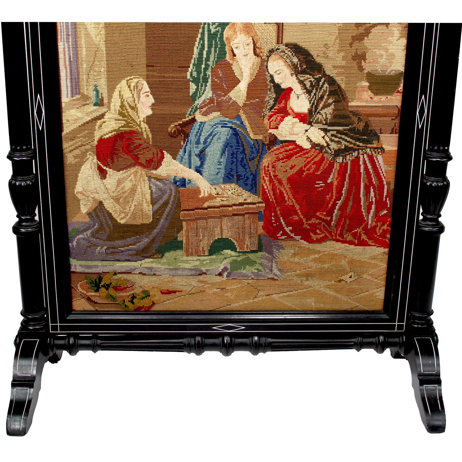 Carved An English 19th Century Victorian Ebonized Wood and Bone-Inlaid Fireplace Screen For Sale