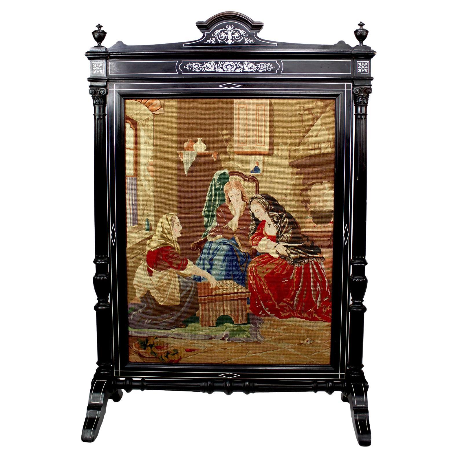 An English 19th Century Victorian Ebonized Wood and Bone-Inlaid Fireplace Screen For Sale