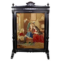 Used An English 19th Century Victorian Ebonized Wood and Bone-Inlaid Fireplace Screen
