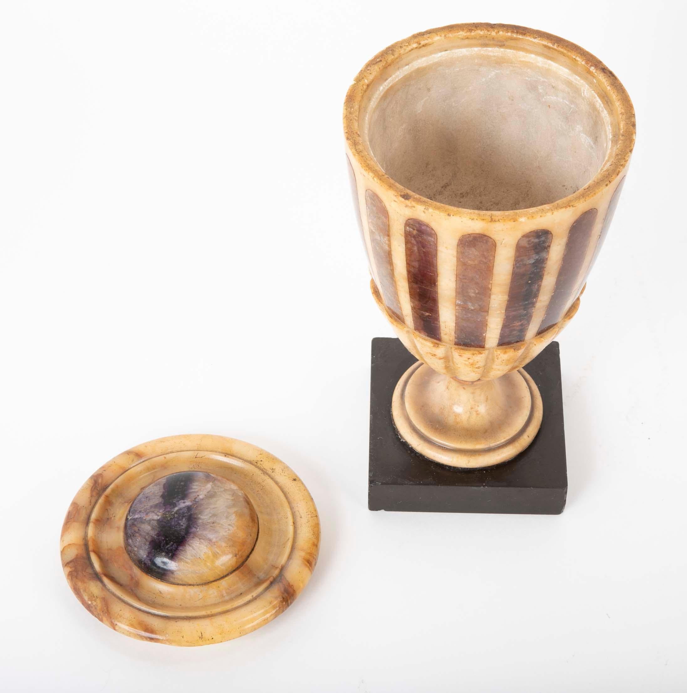An English Alabaster Urn and Cover Inlaid with Blue John, circa 19th Century In Good Condition In Stamford, CT
