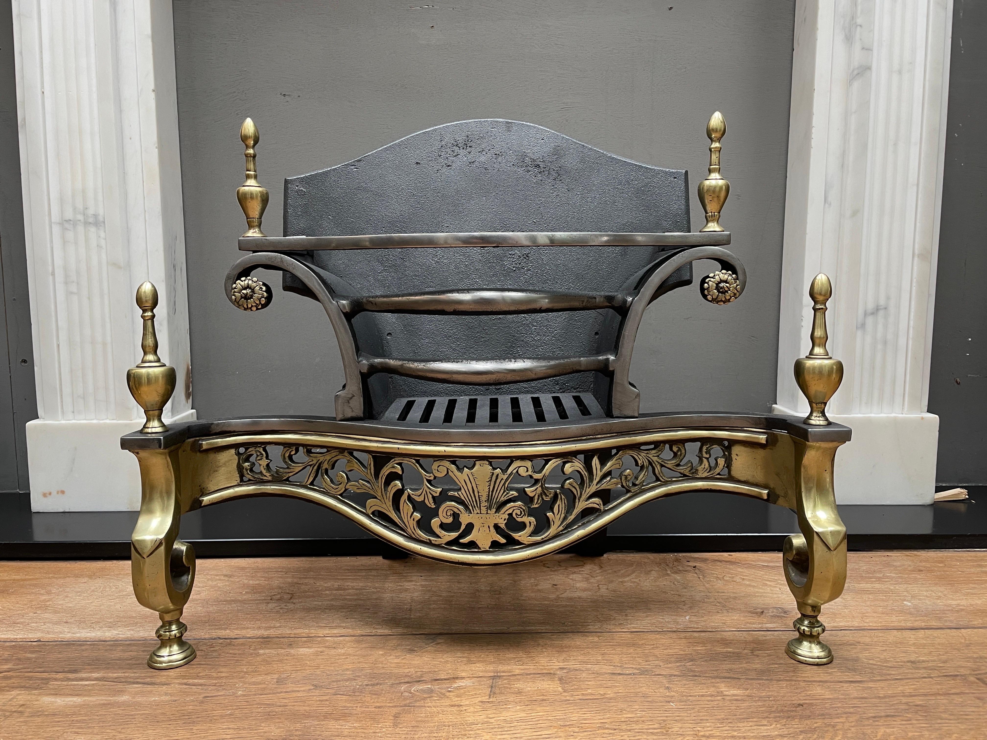 Queen Anne An English Antique Brass And Wrought Iron Fire Grate For Sale