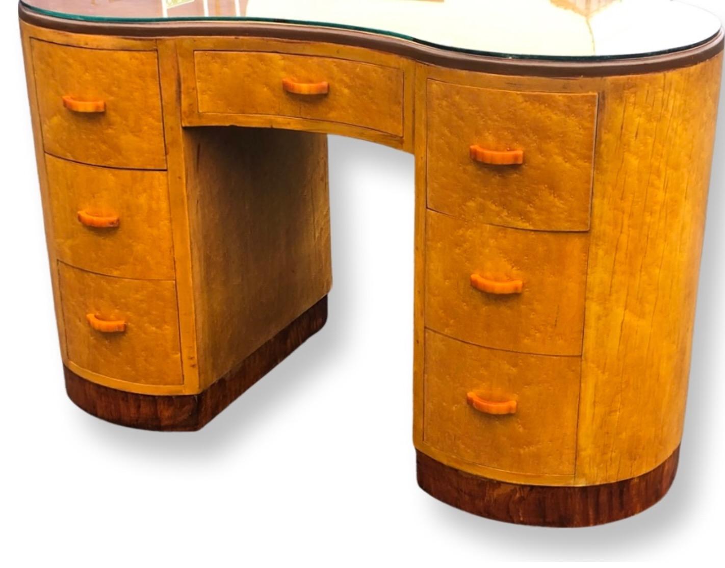 British English Art Deco Kidney Shaped Birds Eye Maple, Glass Topped Dressing Table