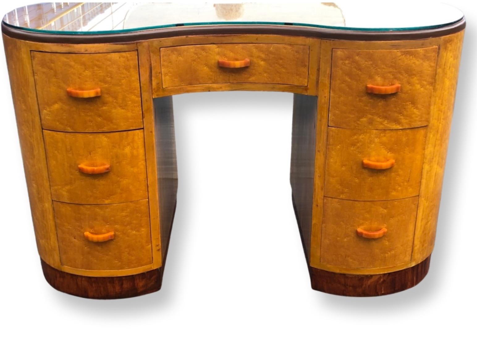 English Art Deco Kidney Shaped Birds Eye Maple, Glass Topped Dressing Table In Good Condition In Barnstaple, GB
