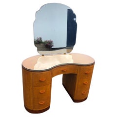 Antique English Art Deco Kidney Shaped Birds Eye Maple, Glass Topped Dressing Table