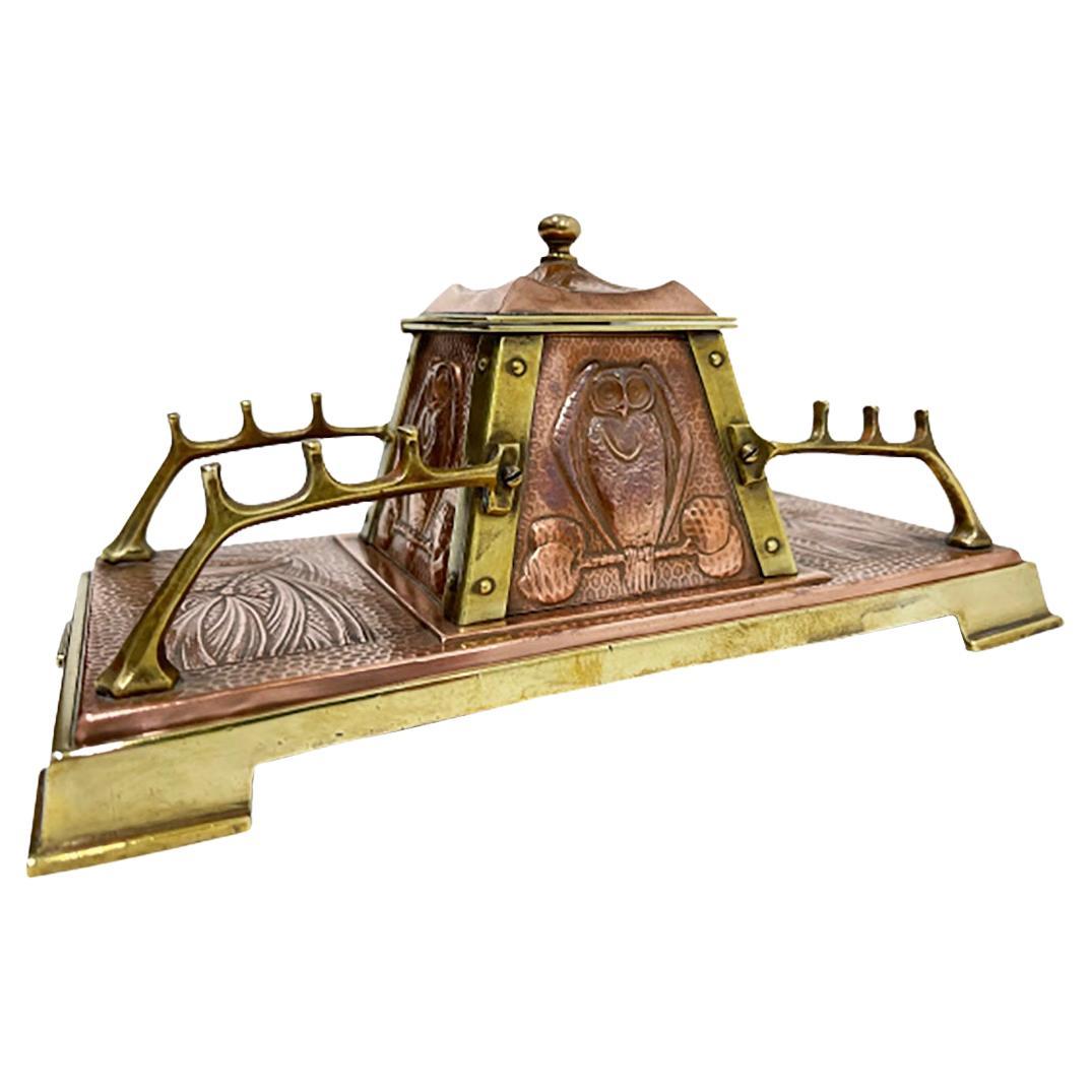 English Art Nouveau Copper Inkwell, 1890-1910