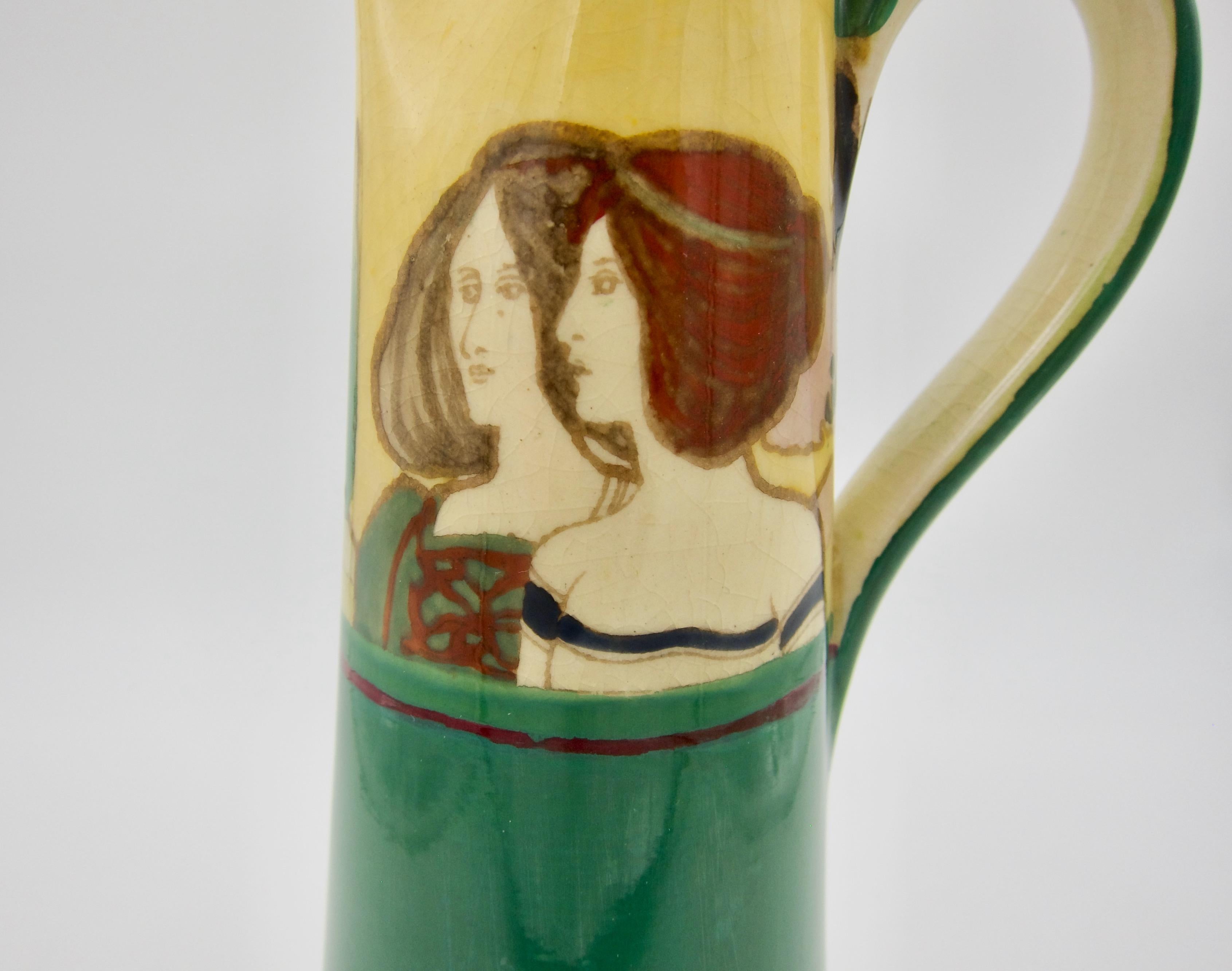 Ceramic English Art Nouveau Ewer with Pre-Raphaelite Maidens Designed by Spencer Edge