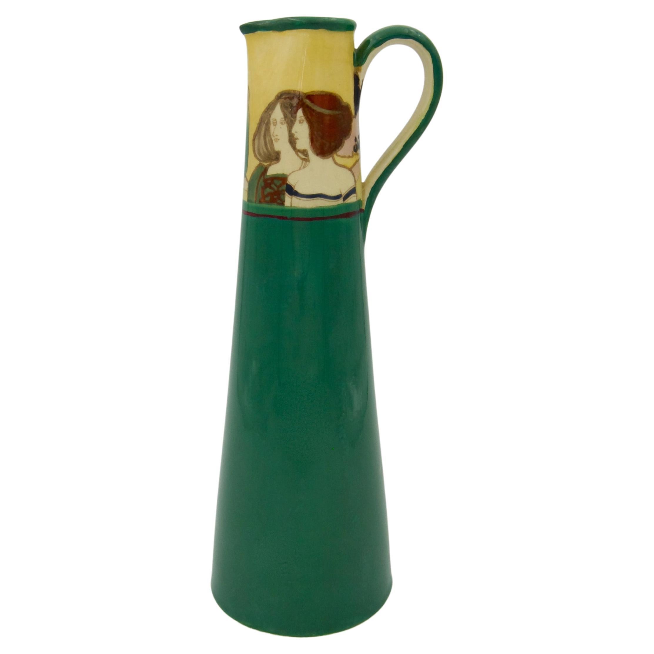 English Art Nouveau Ewer with Pre-Raphaelite Maidens Designed by Spencer Edge