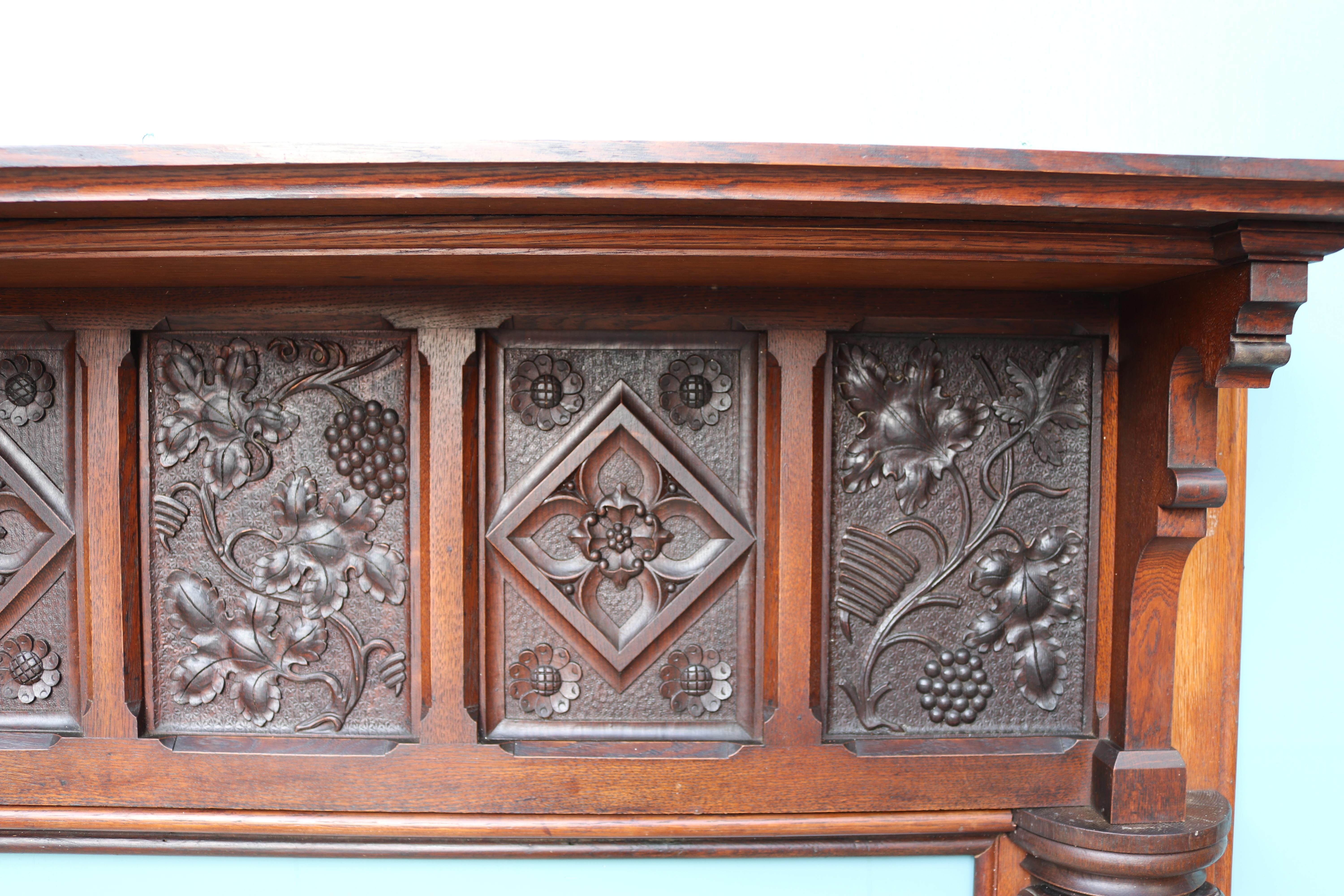 English Arts and Crafts Style Carved Oak Fireplace For Sale 6