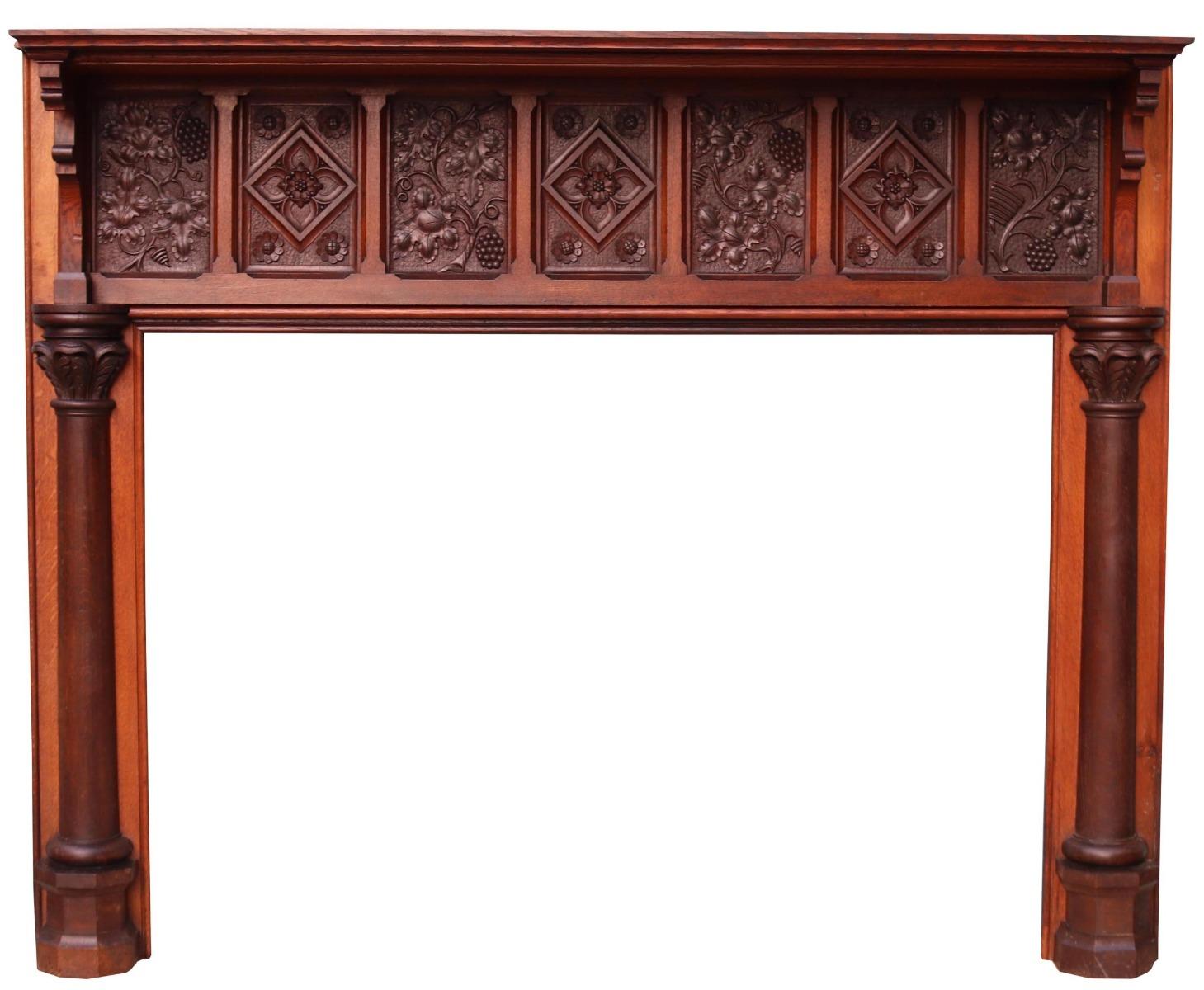 A large scale Arts & Crafts period fire surround salvaged from a large country house near Petersfield, Hampshire. The frieze panel with seven hand carved panels, with column supports
Additional dimensions
Opening height 107 cm/p
Opening