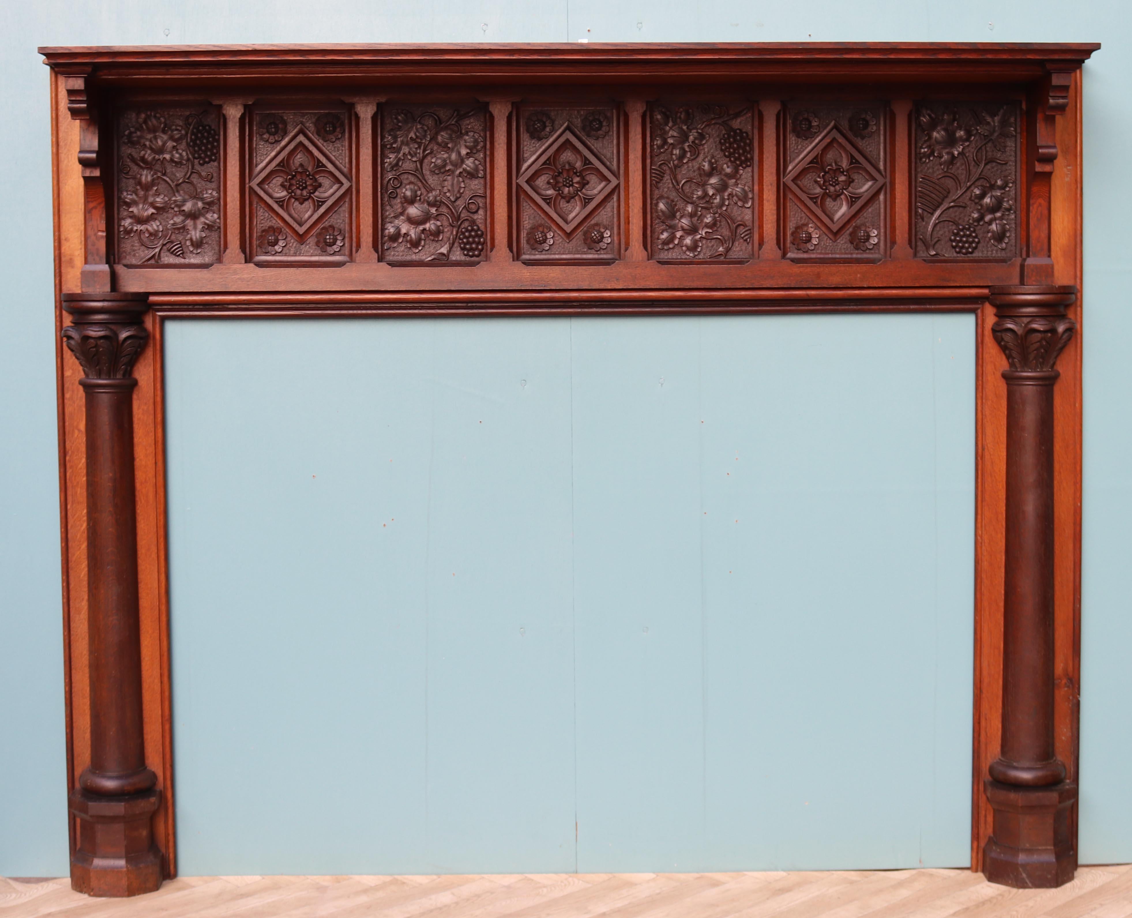 English Arts and Crafts Style Carved Oak Fireplace In Good Condition For Sale In Wormelow, Herefordshire