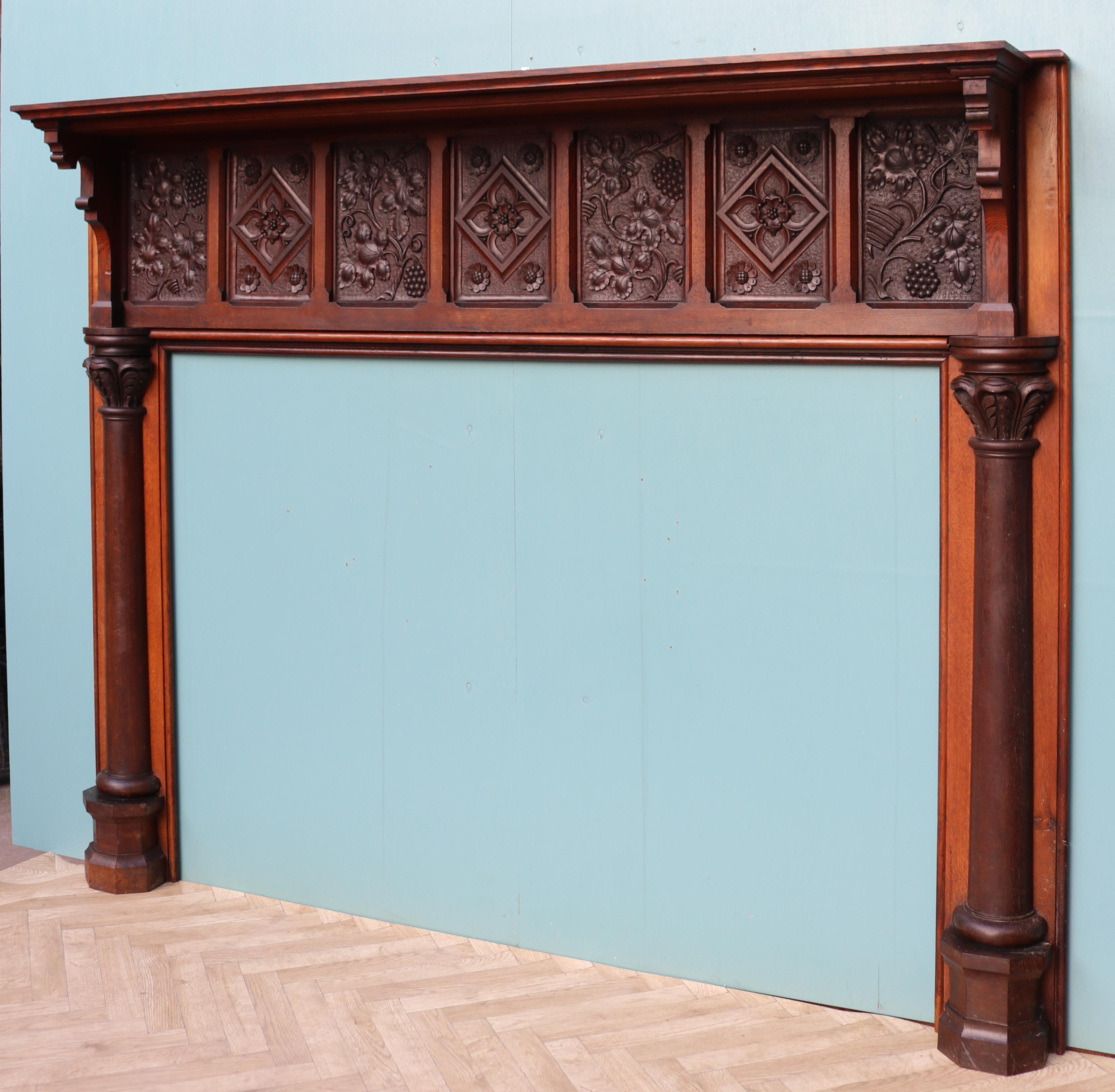 19th Century English Arts and Crafts Style Carved Oak Fireplace For Sale
