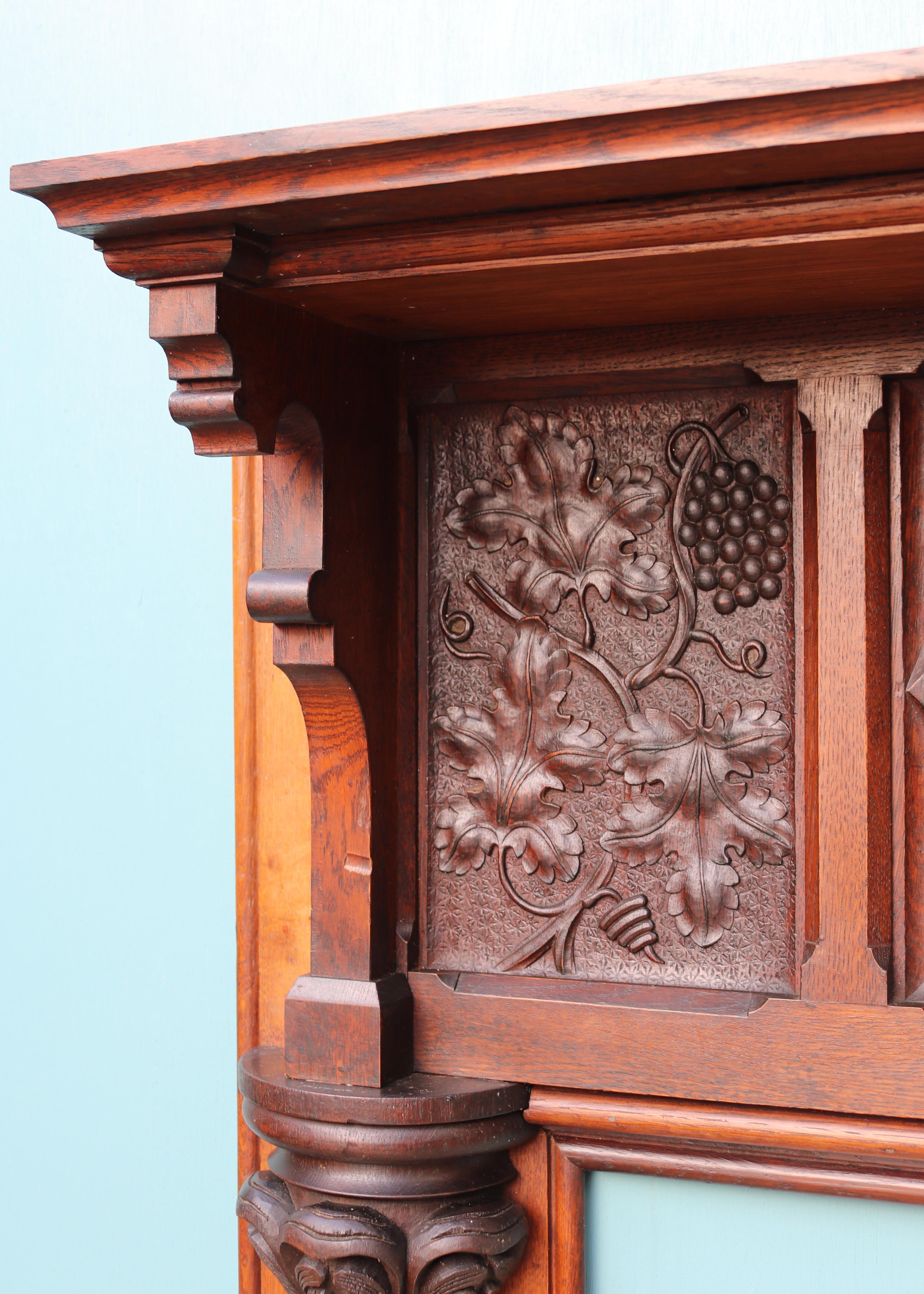 English Arts and Crafts Style Carved Oak Fireplace For Sale 2