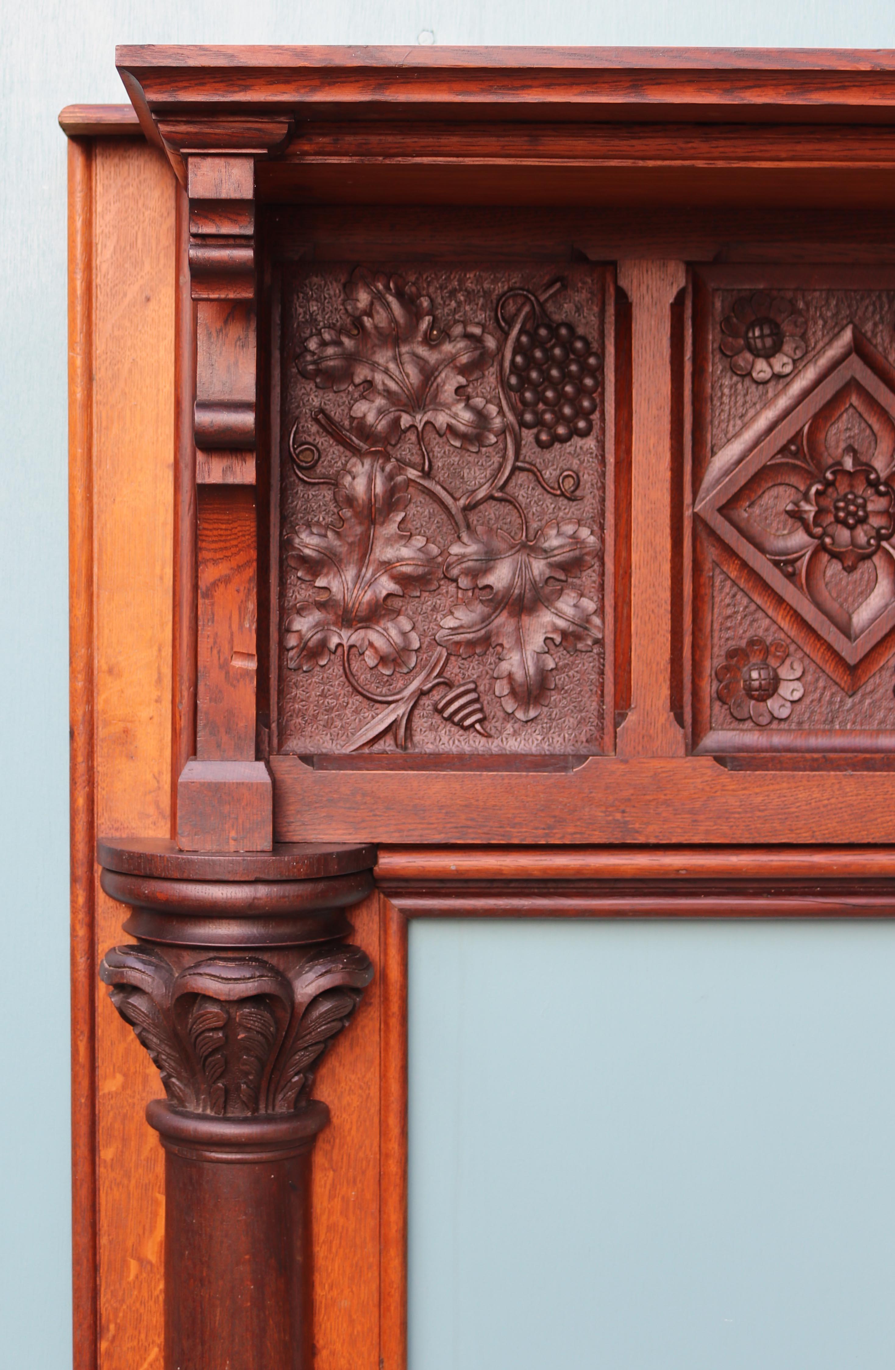 English Arts and Crafts Style Carved Oak Fireplace For Sale 3