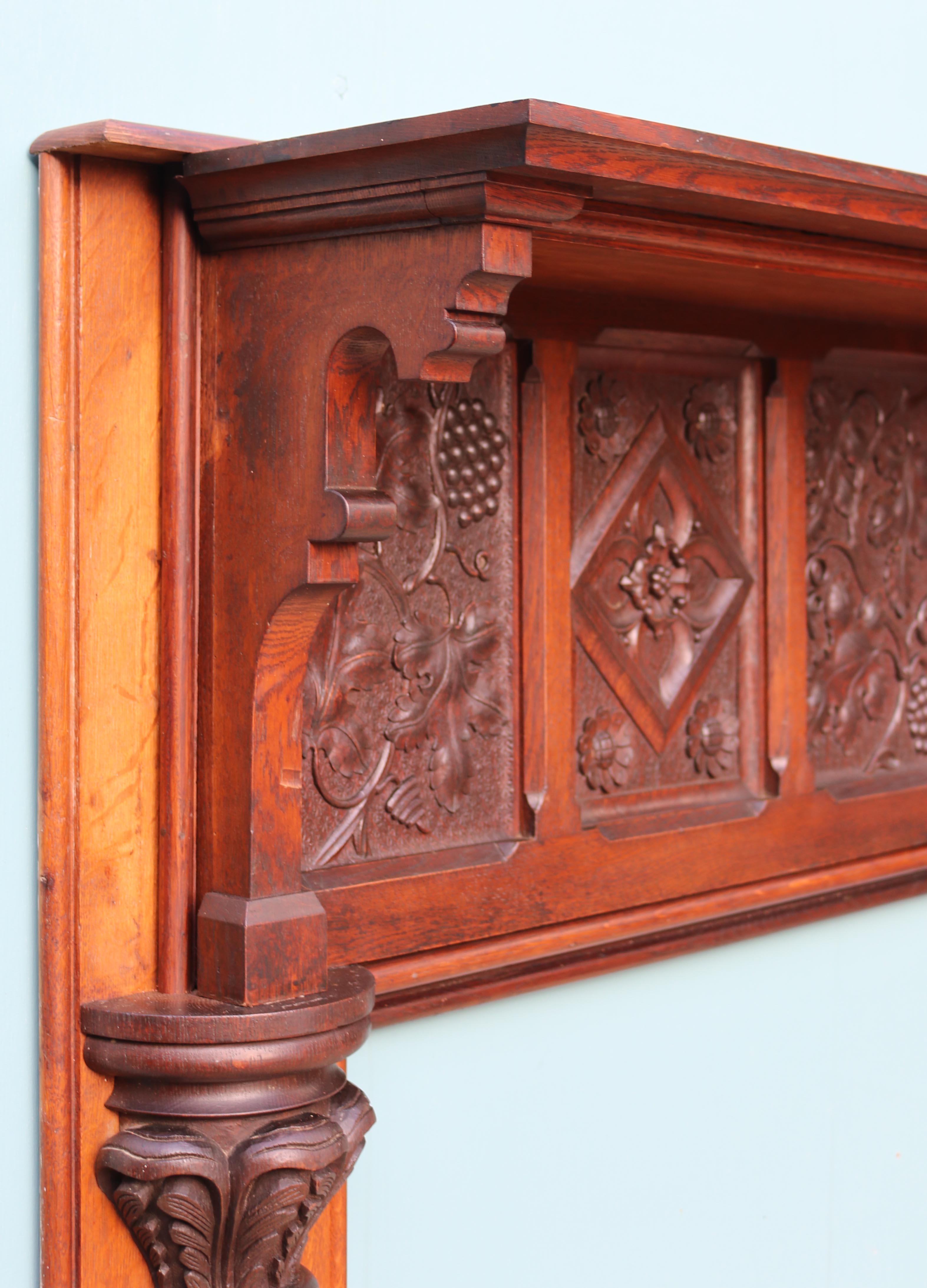English Arts and Crafts Style Carved Oak Fireplace For Sale 4