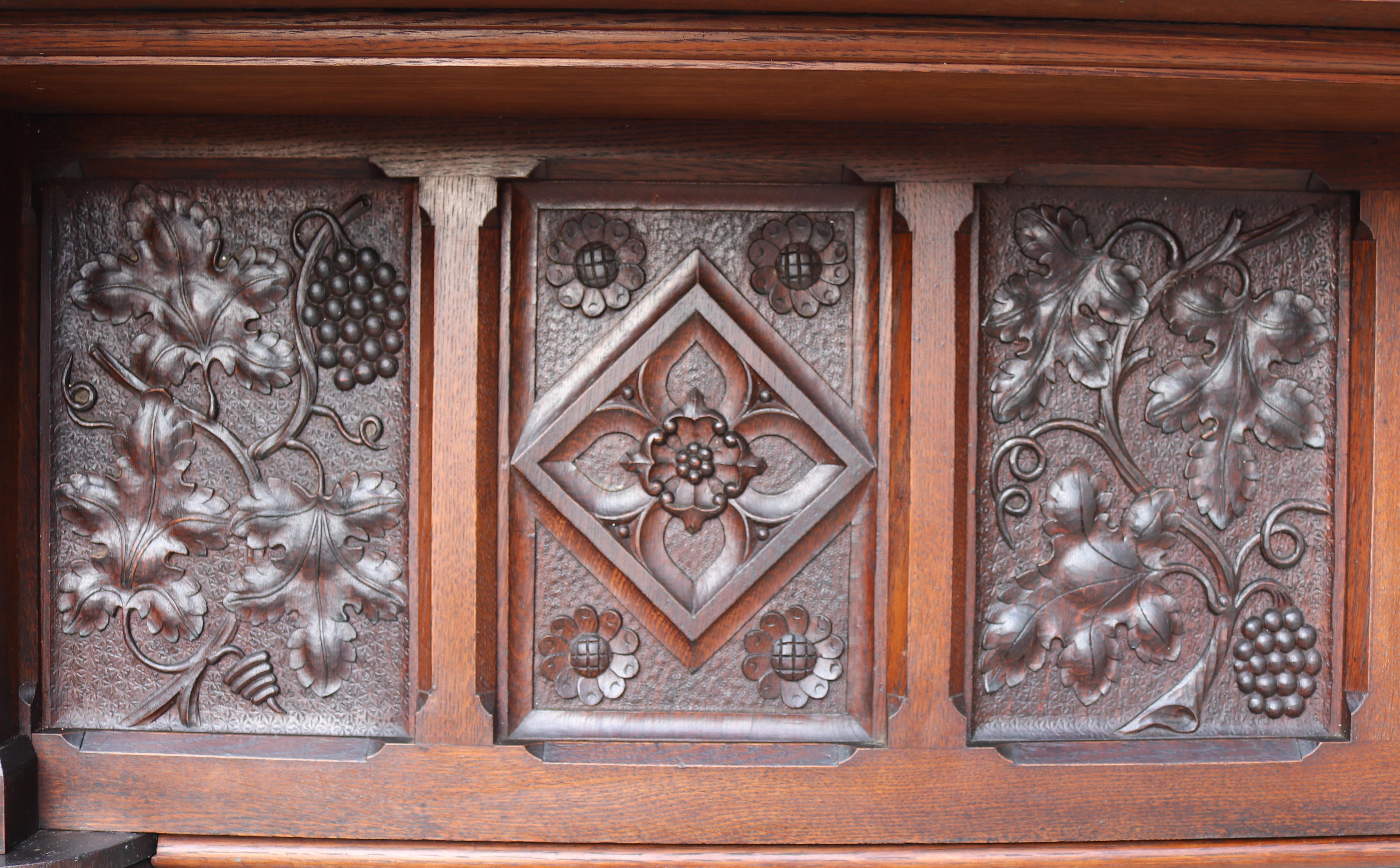 English Arts and Crafts Style Carved Oak Fireplace For Sale 5