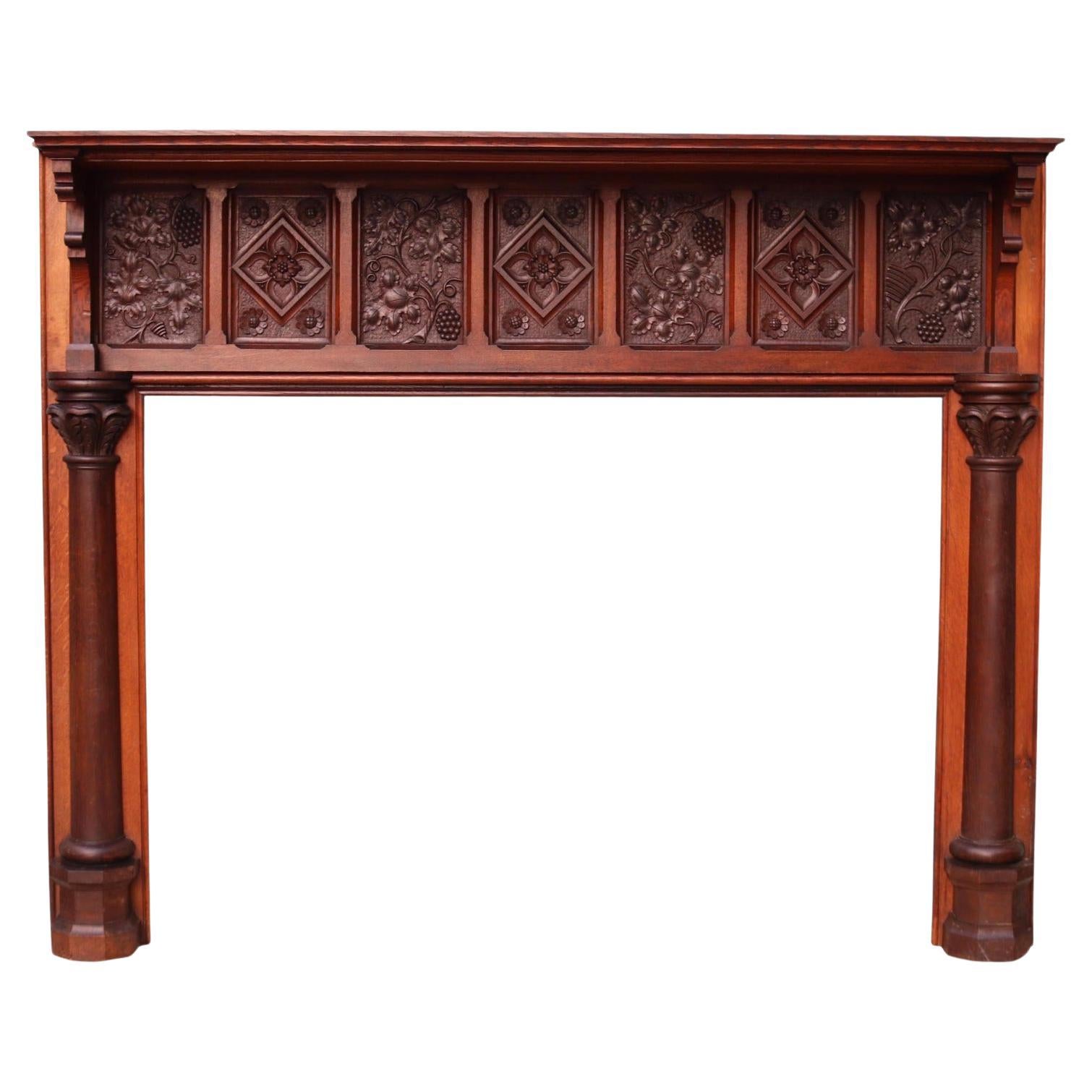English Arts and Crafts Style Carved Oak Fireplace For Sale