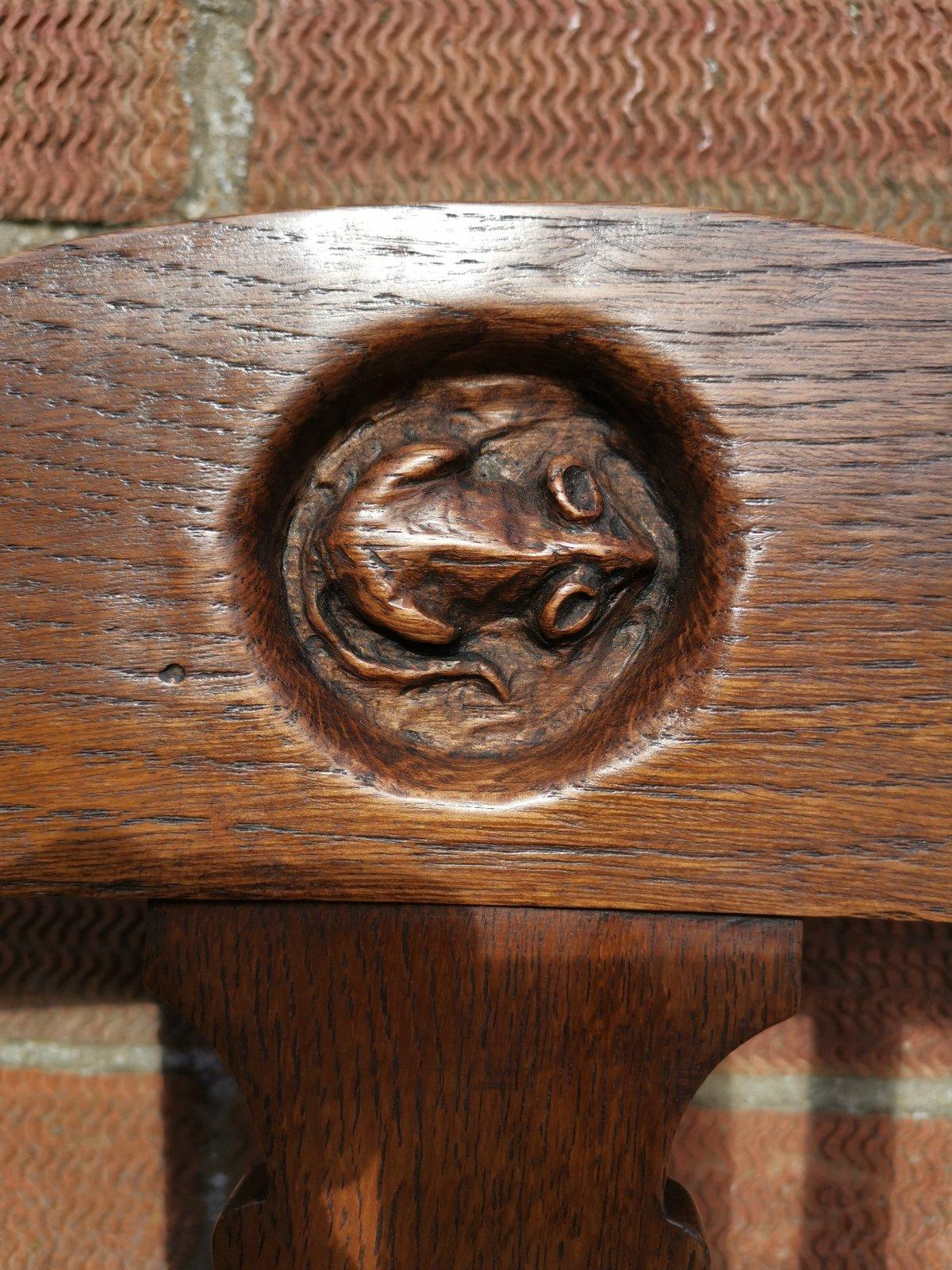 Hand-Carved English Arts & Crafts Oak Armchair with a Carved Mouse Inset to the Headrest For Sale