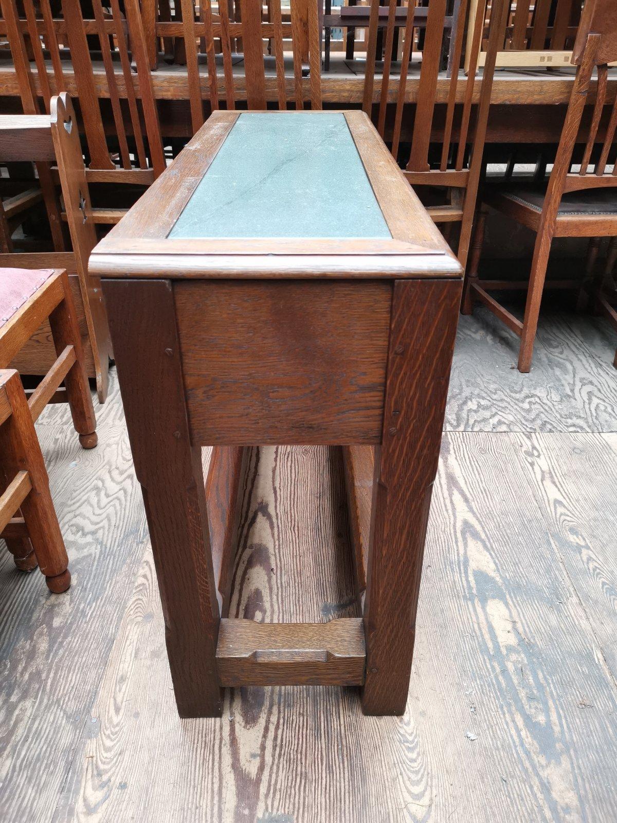 Arts and Crafts English Arts & Crafts Oak Hall Table with Carved Decoration & Blue Marble Top For Sale