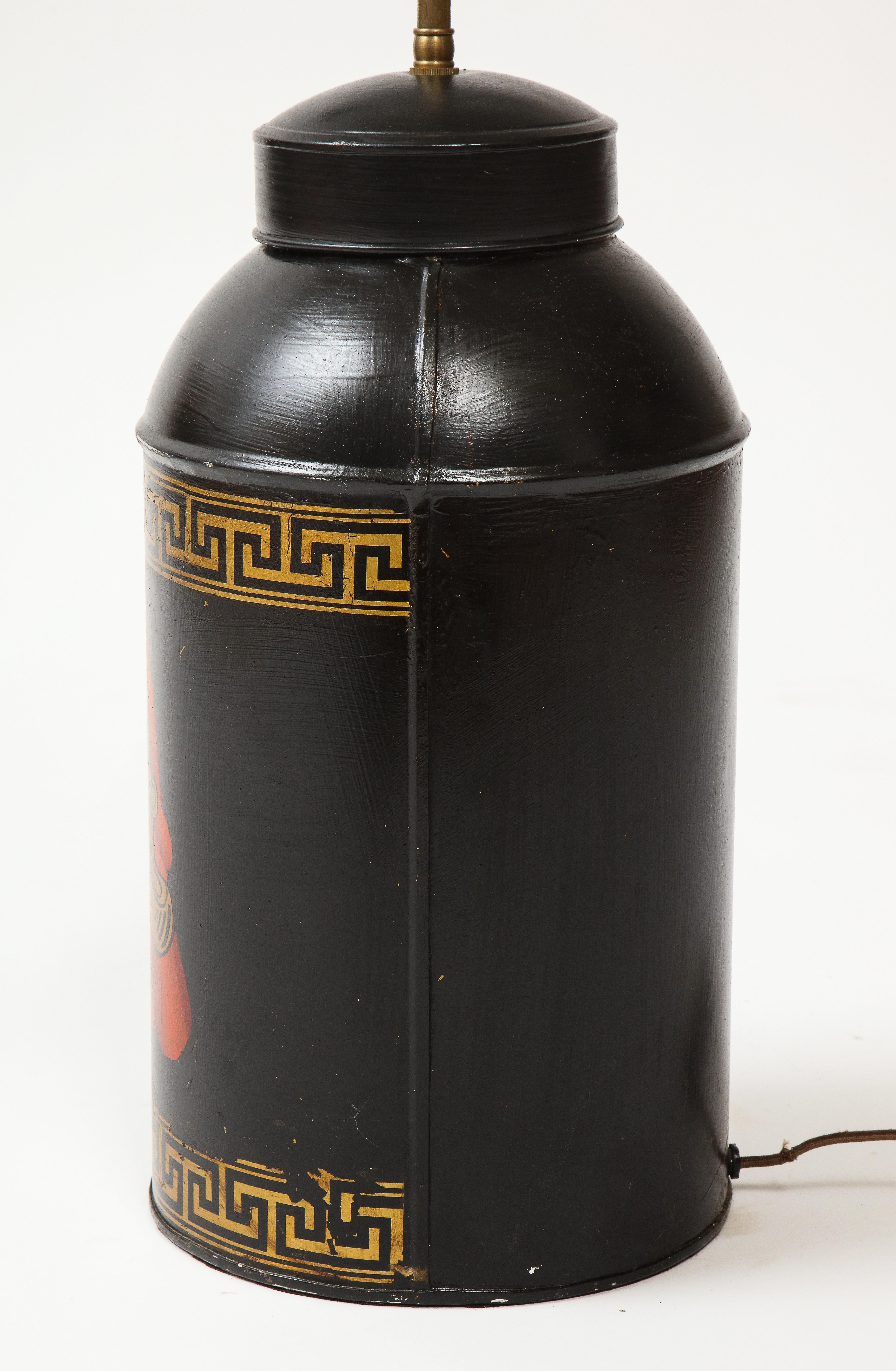 20th Century English Black and Gilt-Decorated Tôle Tea Canister Lamp For Sale