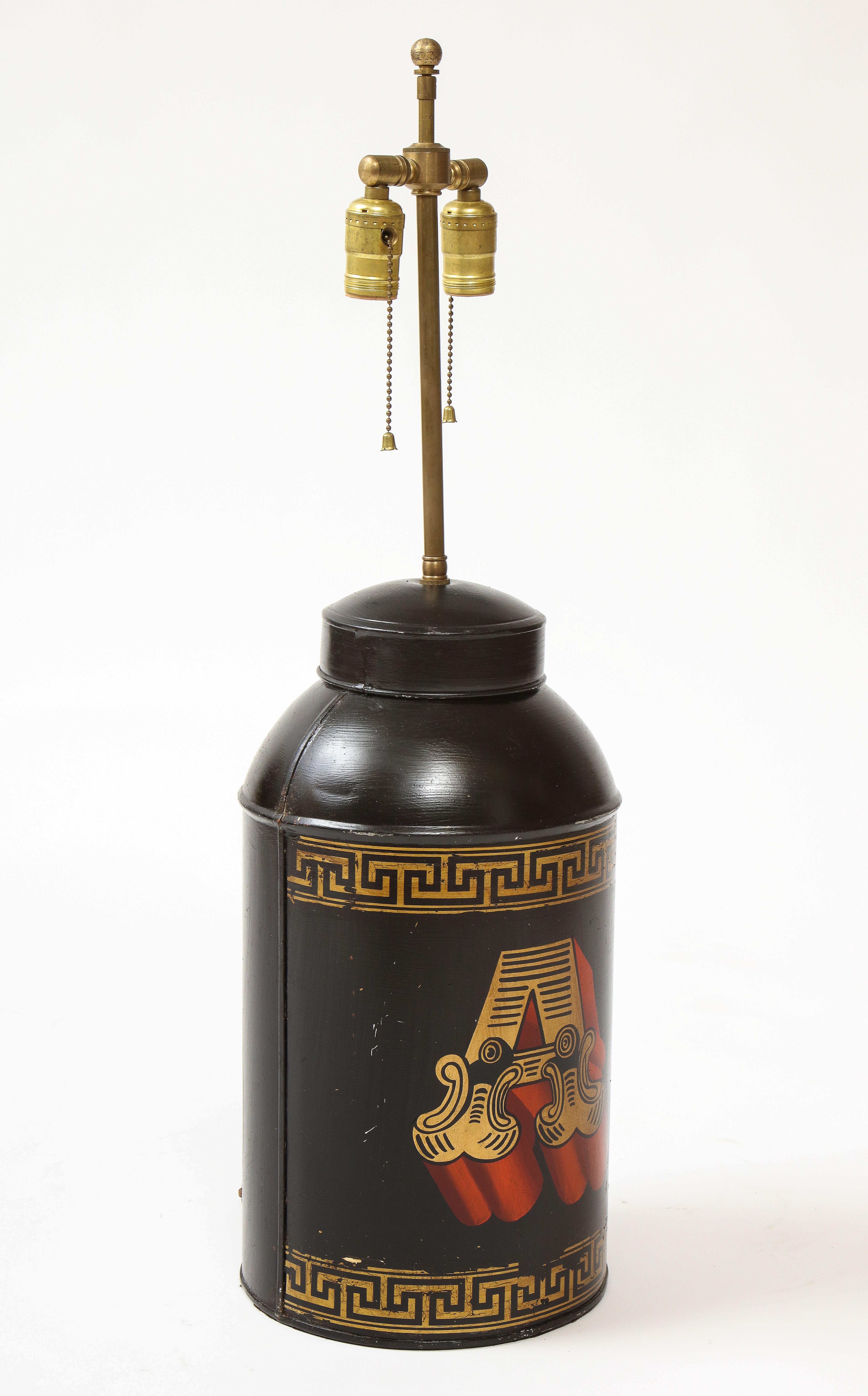 Metal English Black and Gilt-Decorated Tôle Tea Canister Lamp For Sale