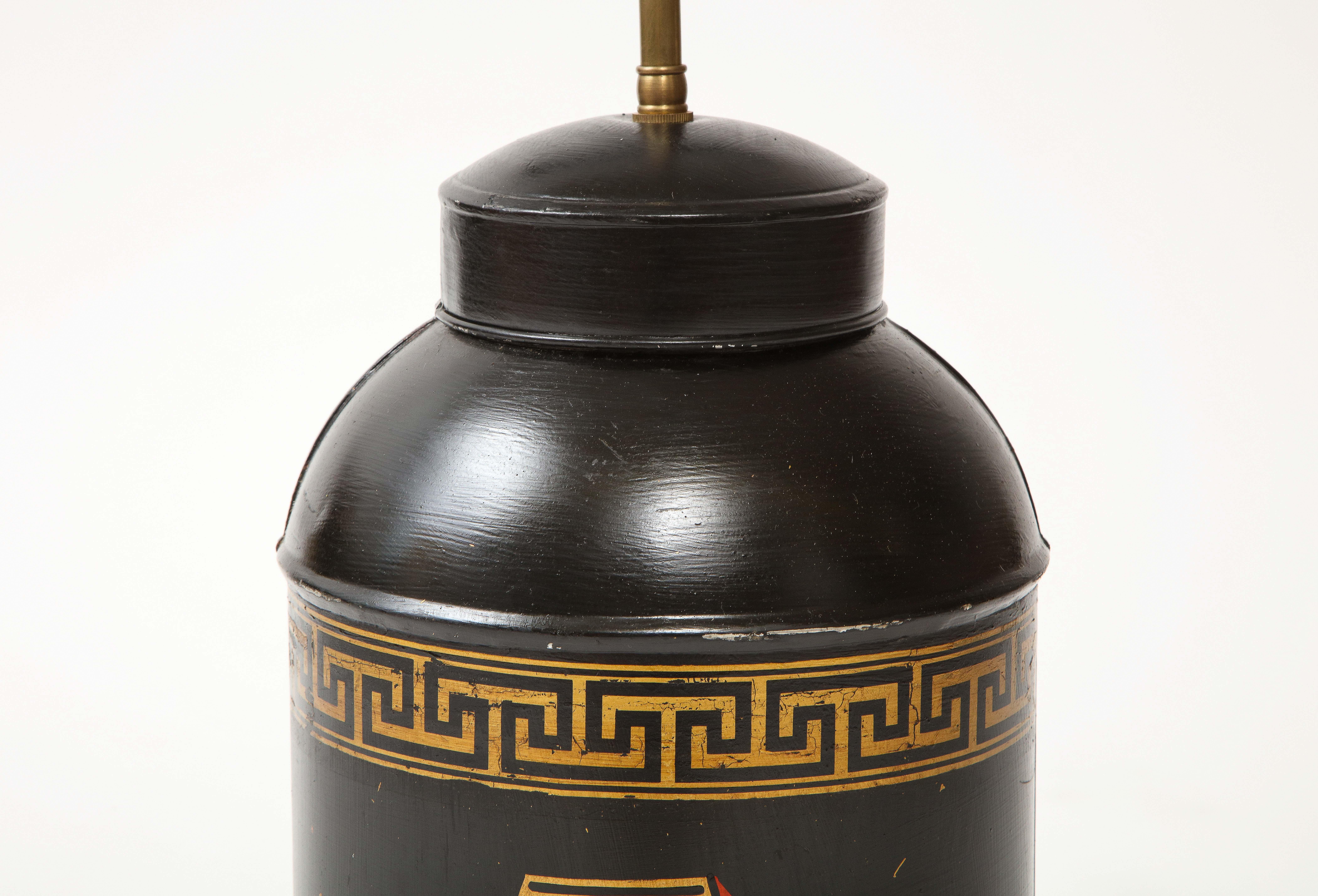 English Black and Gilt-Decorated Tôle Tea Canister Lamp For Sale 3