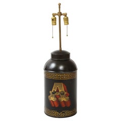 Vintage English Black and Gilt-Decorated Tôle Tea Canister Lamp