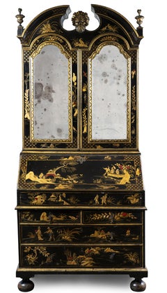 An English Black Lacquered Chinoiserie Bureau Cabinet, 18th Century