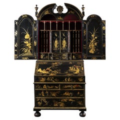 An English Black Lacquered Chinoiserie Bureau Cabinet, 18th Century