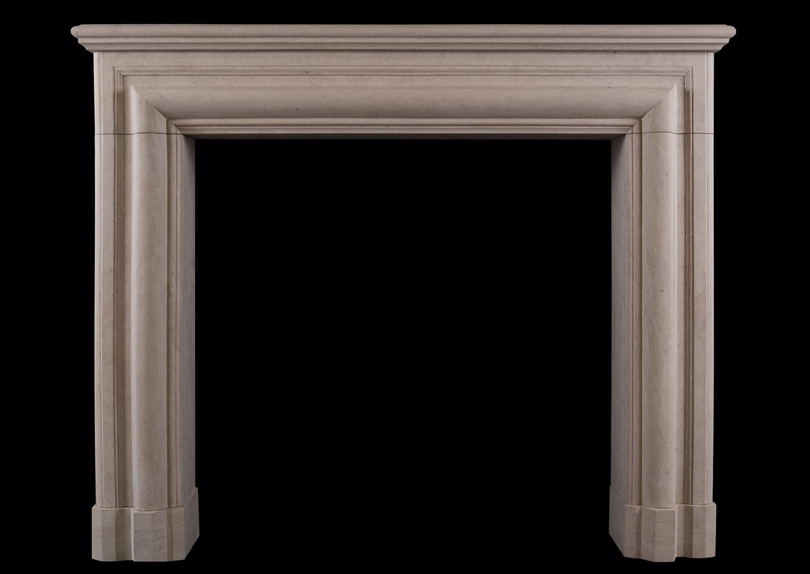 An English bolection fireplace in Ancaster stone. The jambs and frieze with moulding throughout, surmounted by moulded shelf. Unusually deep design for the style adding the benefit of a mantel. Modern. N.B. May be subject to an extended lead time,