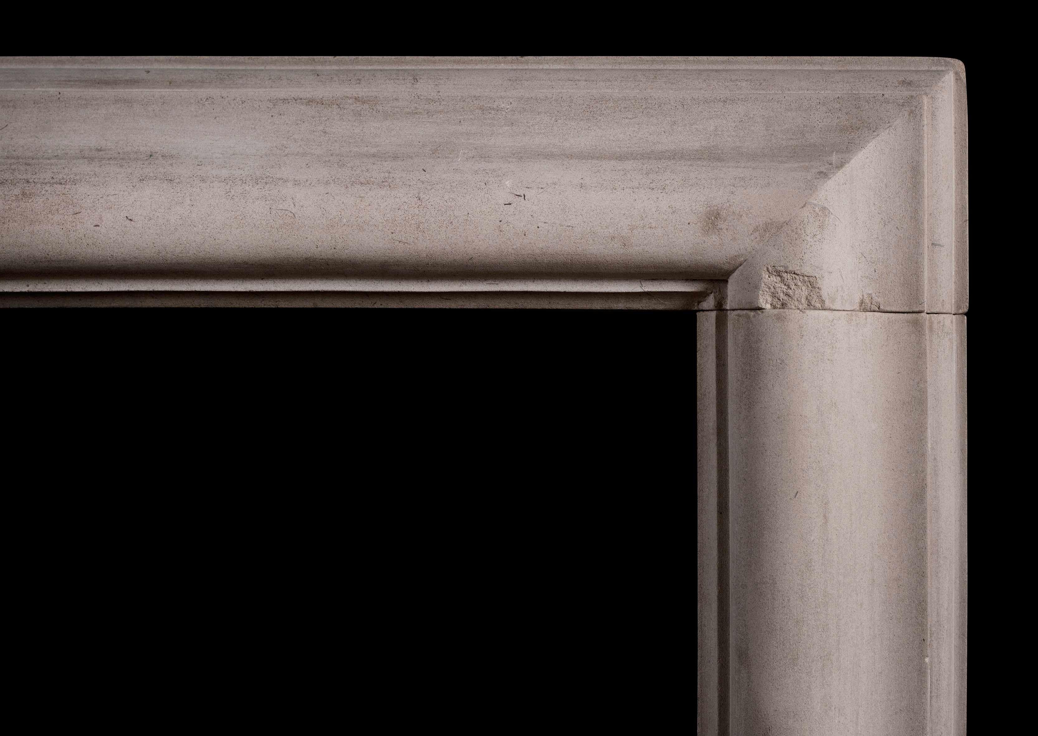 An English bolection fireplace in Portland stone. Moulded legs and frieze. Circa 1900. (Photos prior to full restoration.)

Measures: Shelf width: 1370 mm 53 ?