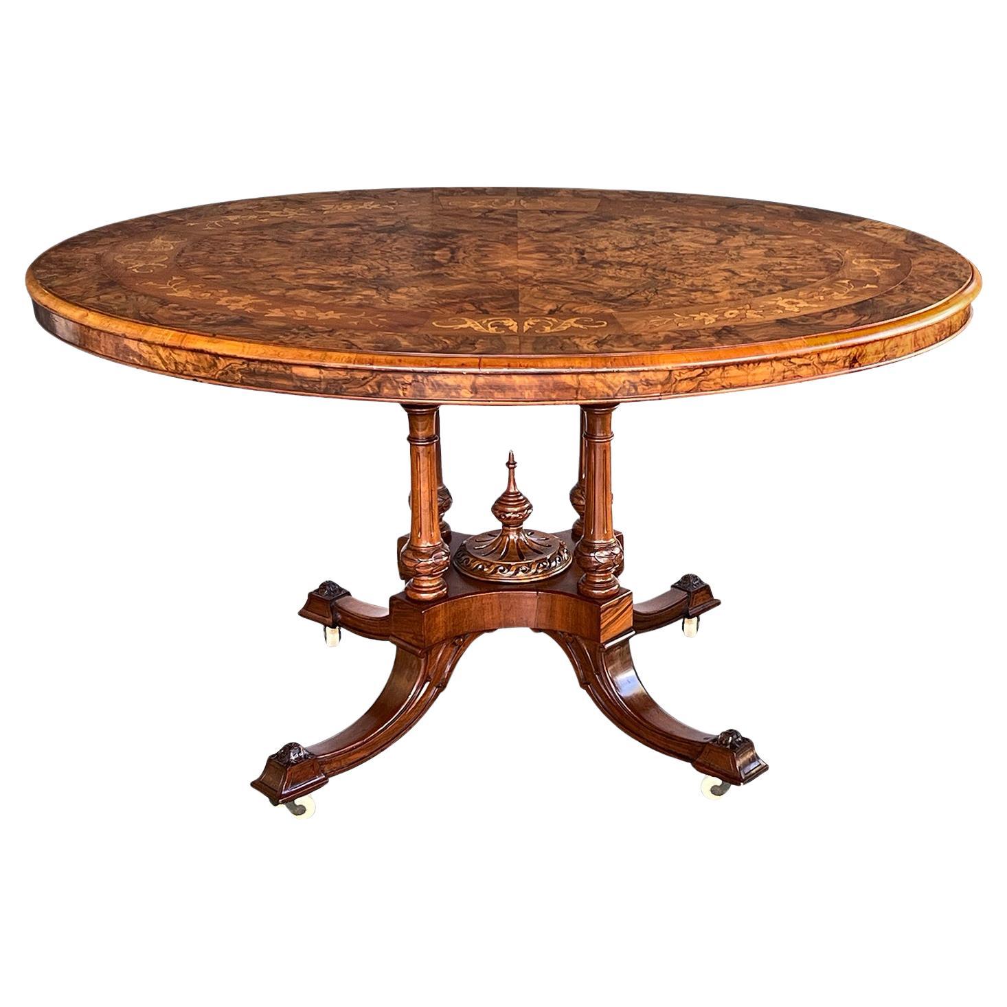 An English Burr Walnut and Marquetry Tilt-top Breakfast/Center Table