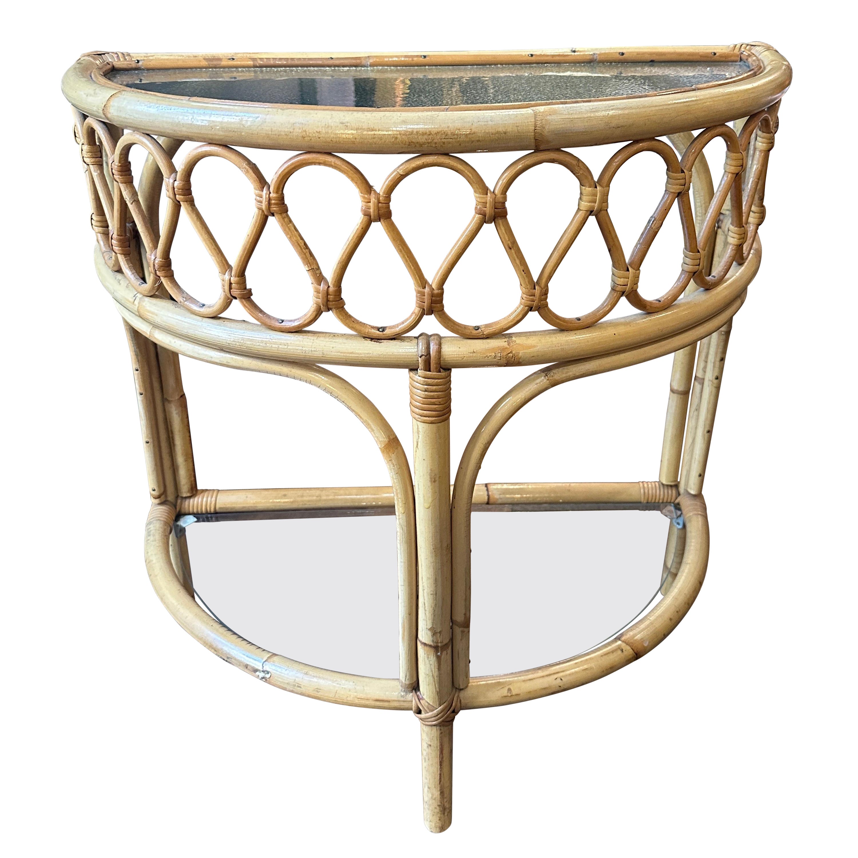 An English Cane Bamboo And Rattan Demi Lune Console Table