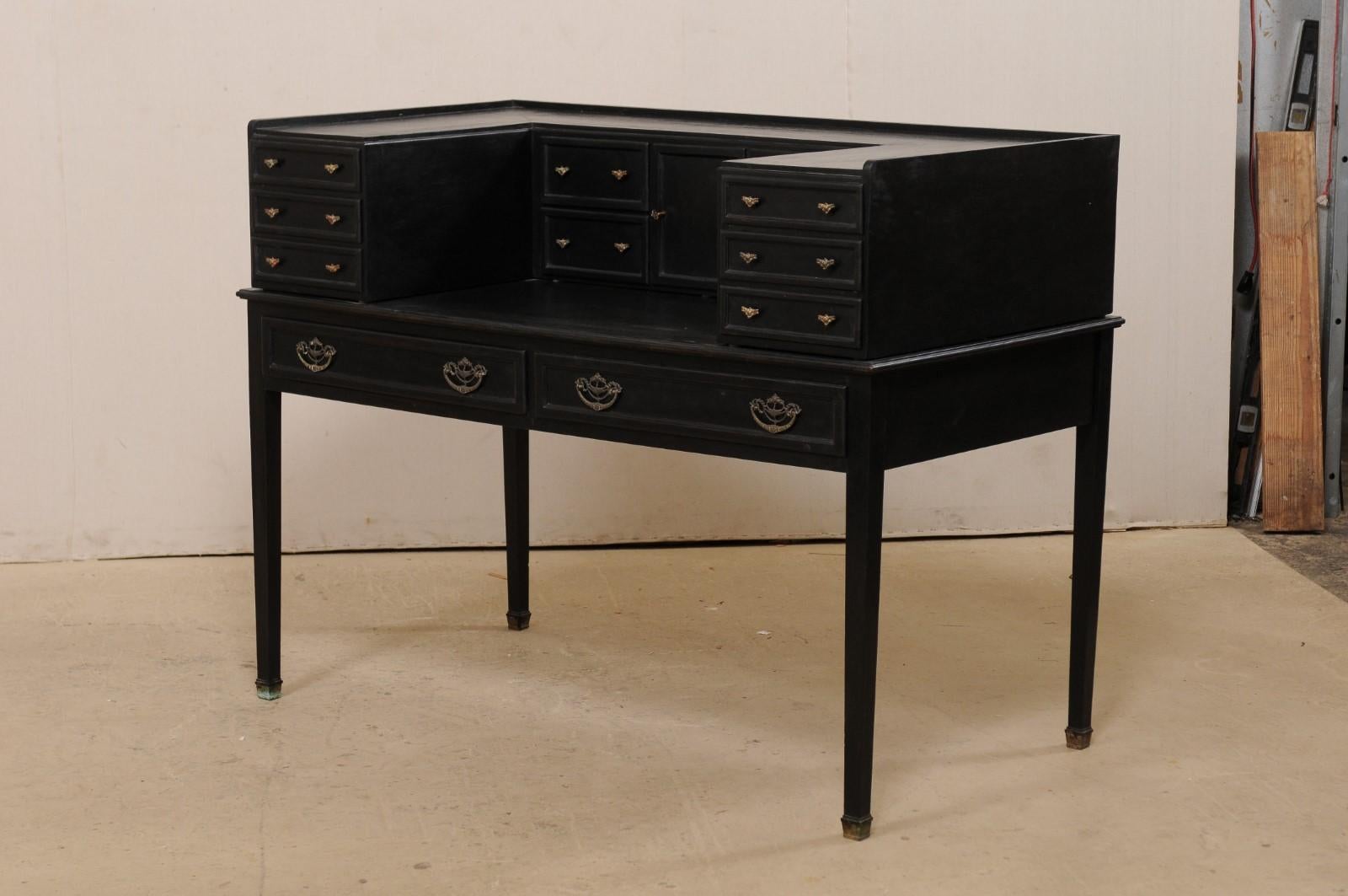 Wood English Carlton House Desk in Black Finish with Great Storage Early 20th Century